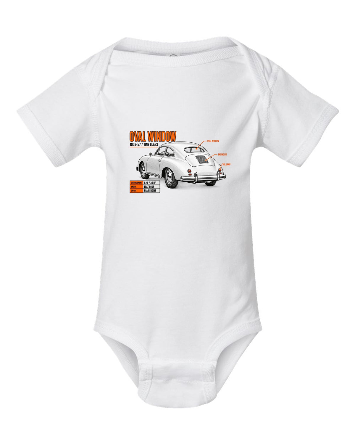 Spec poster print of a VW Beetle oval-window rear three-quarter with 1953-57 text white baby onesie front view with the design