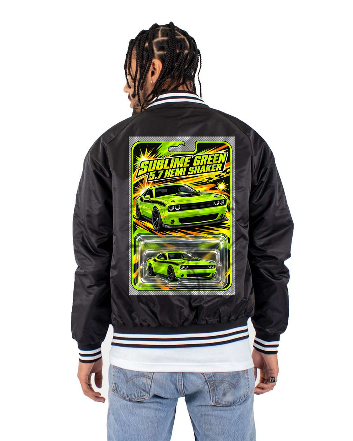 Dodge Challenger R/T Shaker Toy Card Shirt, Sublime Green Bomber Jacket Black back