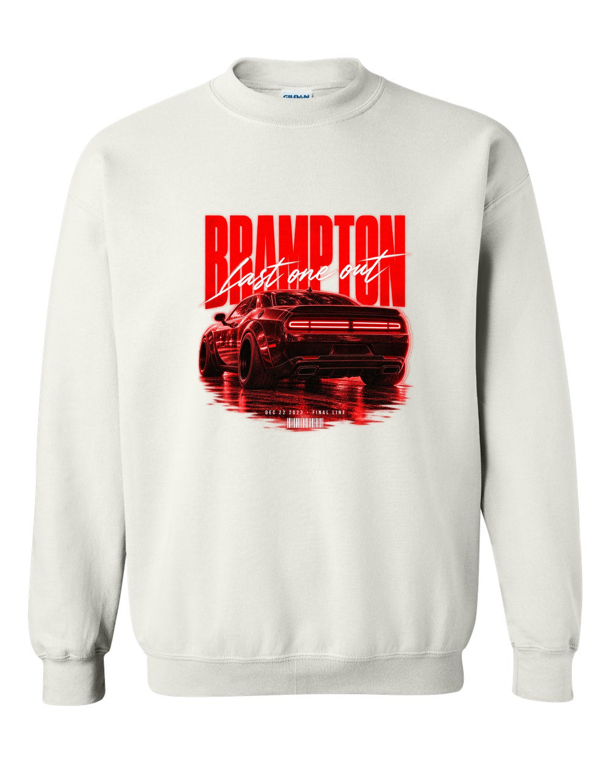 Street poster print of a 2023 Dodge Challenger Widebody with Brampton last one out Dec 22 2023 text white crewneck front view with the design