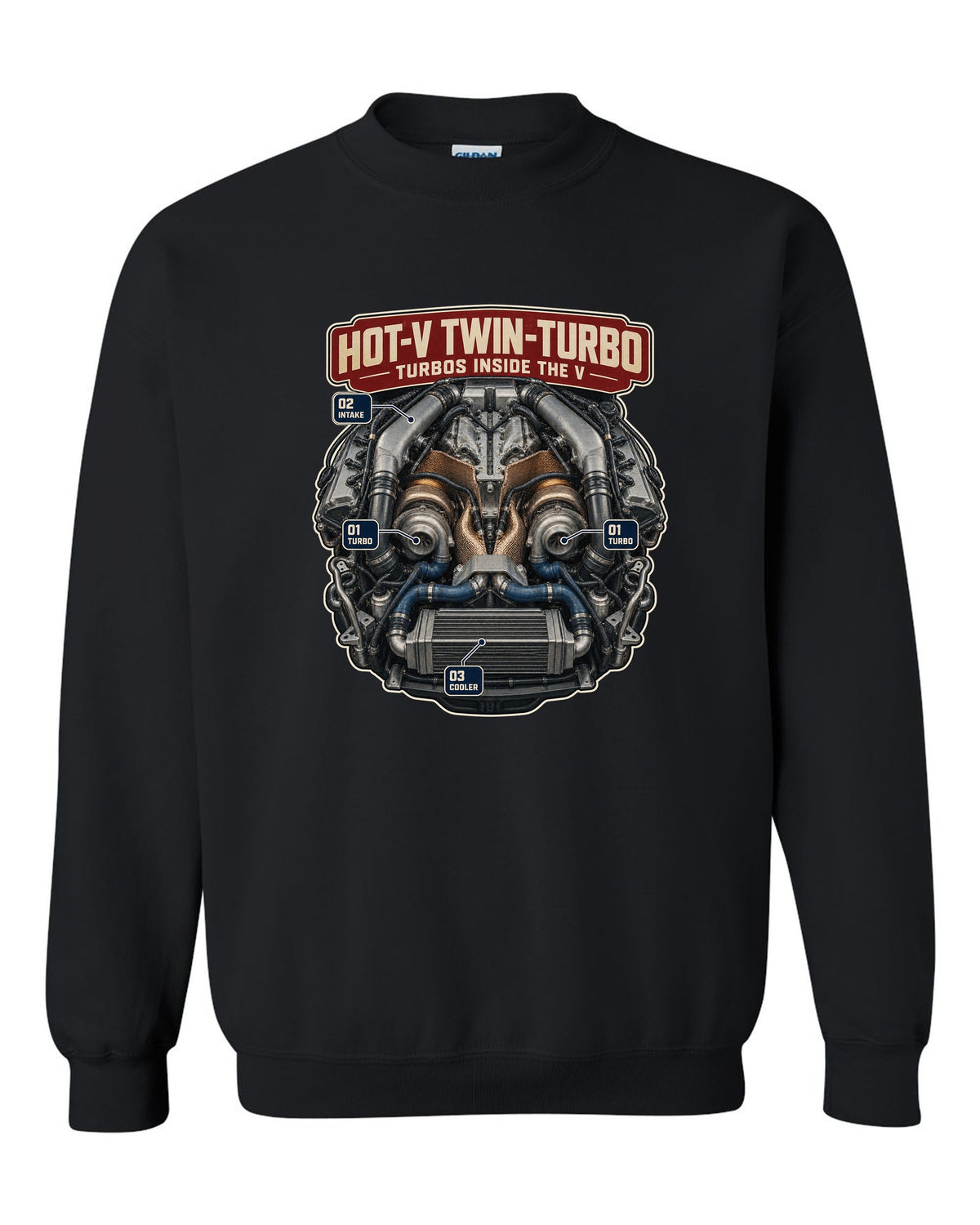 Engine poster of the Audi RS6 Avant C8 twin-turbo V8 with turbos inside the V black crewneck front view with the design