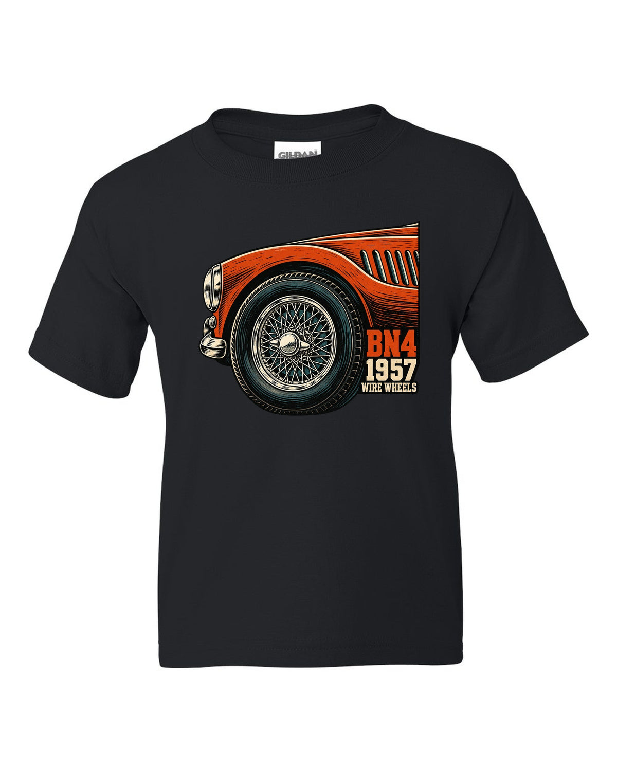 Linocut close-up of a wire wheel on a 1957 Austin-Healey 100-Six BN4 black kids tee front view with the design