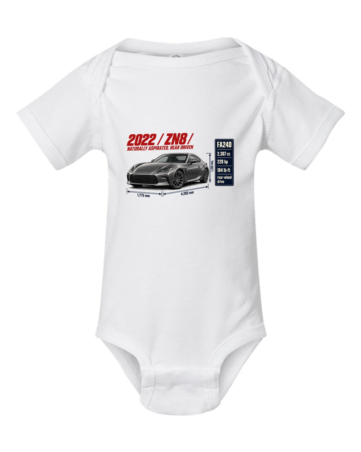 Spec poster layout for a 2022 Toyota GR86 ZN8, poster-style print white baby onesie front view with the design