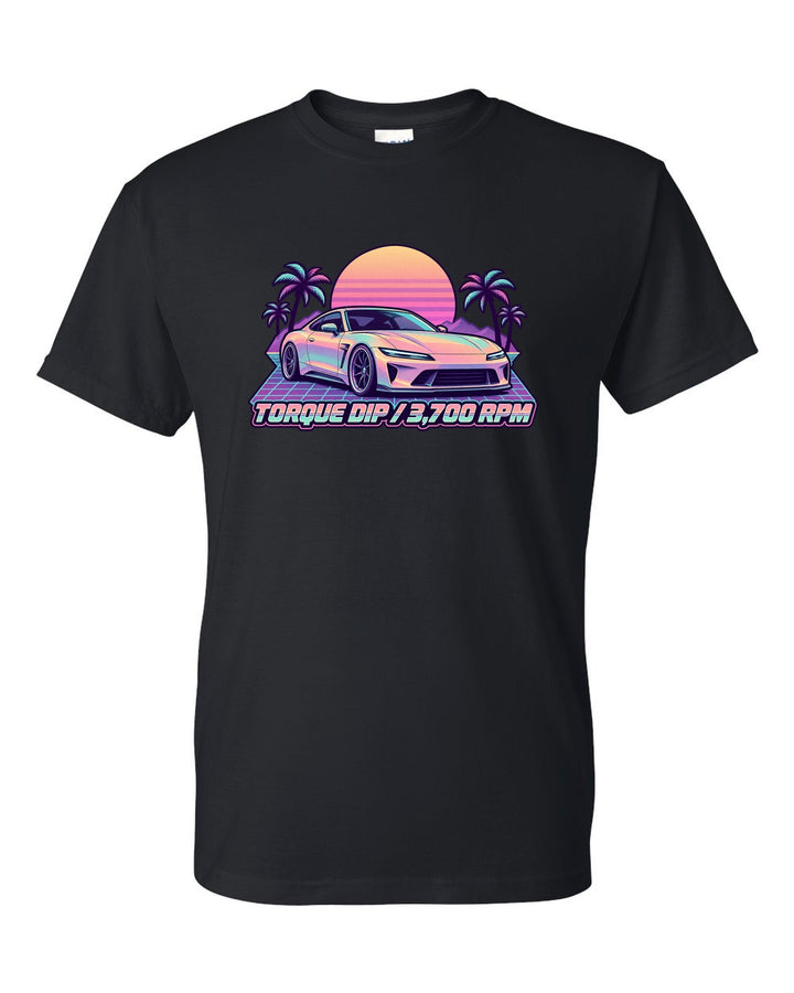 Pastel vaporwave illustration of a Toyota 86 ZN6 with Torque Dip 3,700 RPM lettering black t-shirt front view with the design