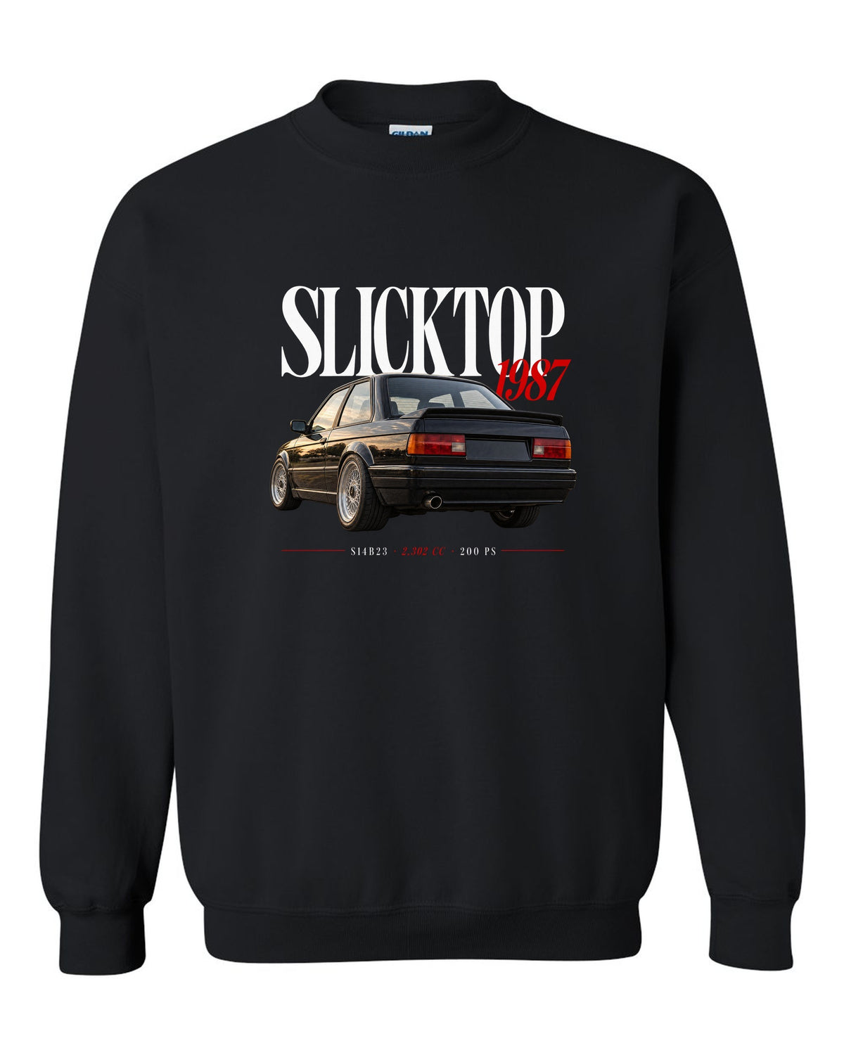 BMW E30 M3 Slicktop 1987 editorial headline print with S14B23 spec text black crewneck front view with the design