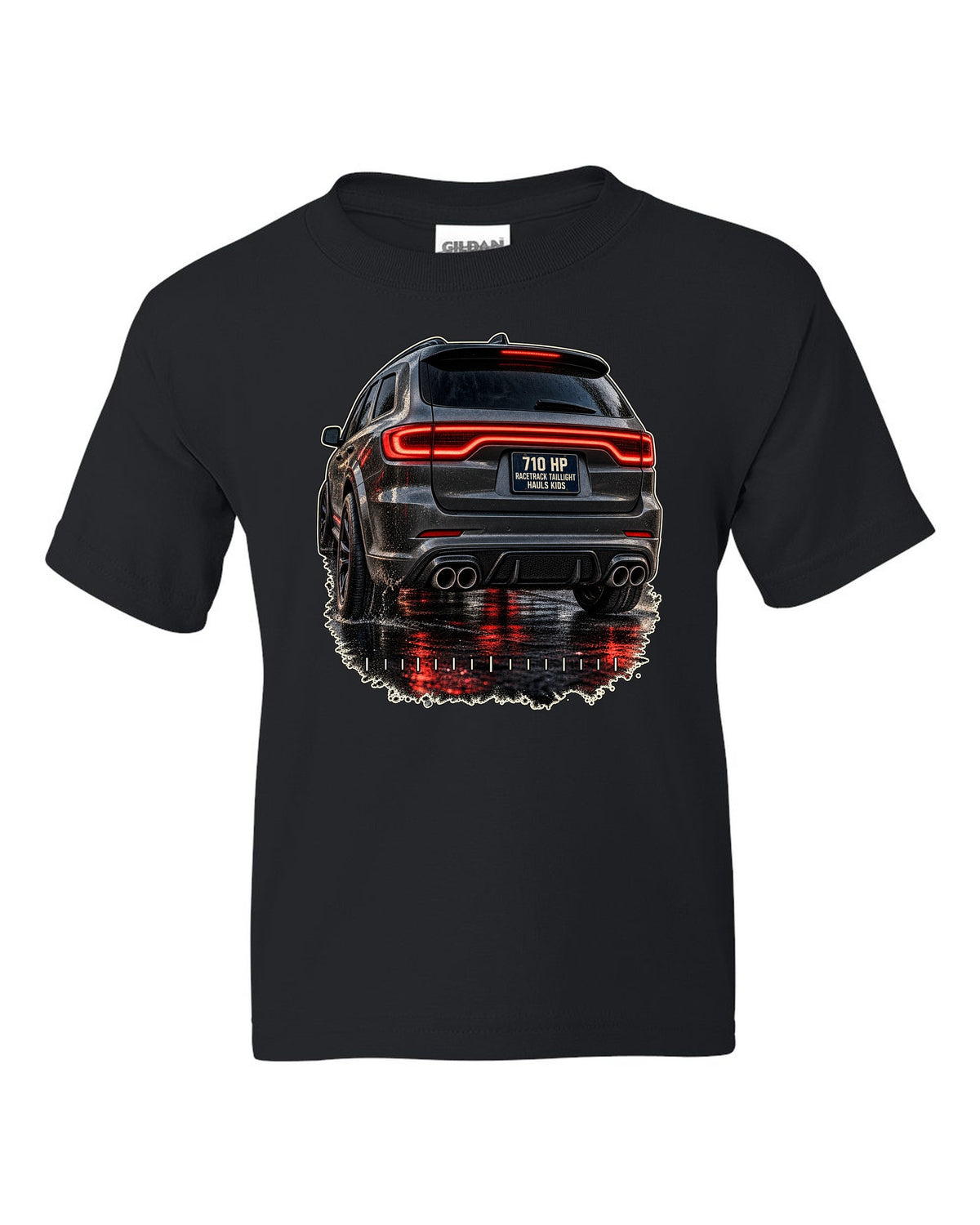 print of a Dodge Durango SRT Hellcat taillight close-up black kids tee front view with the design