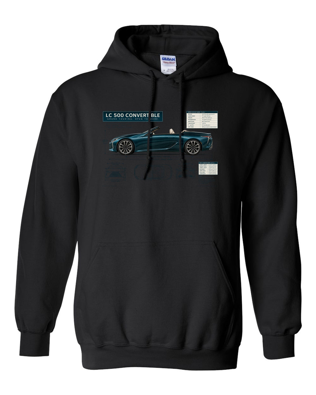 Dimension blueprint of the Lexus RC F with engine code and power figure black pull over hoodie front view with the design