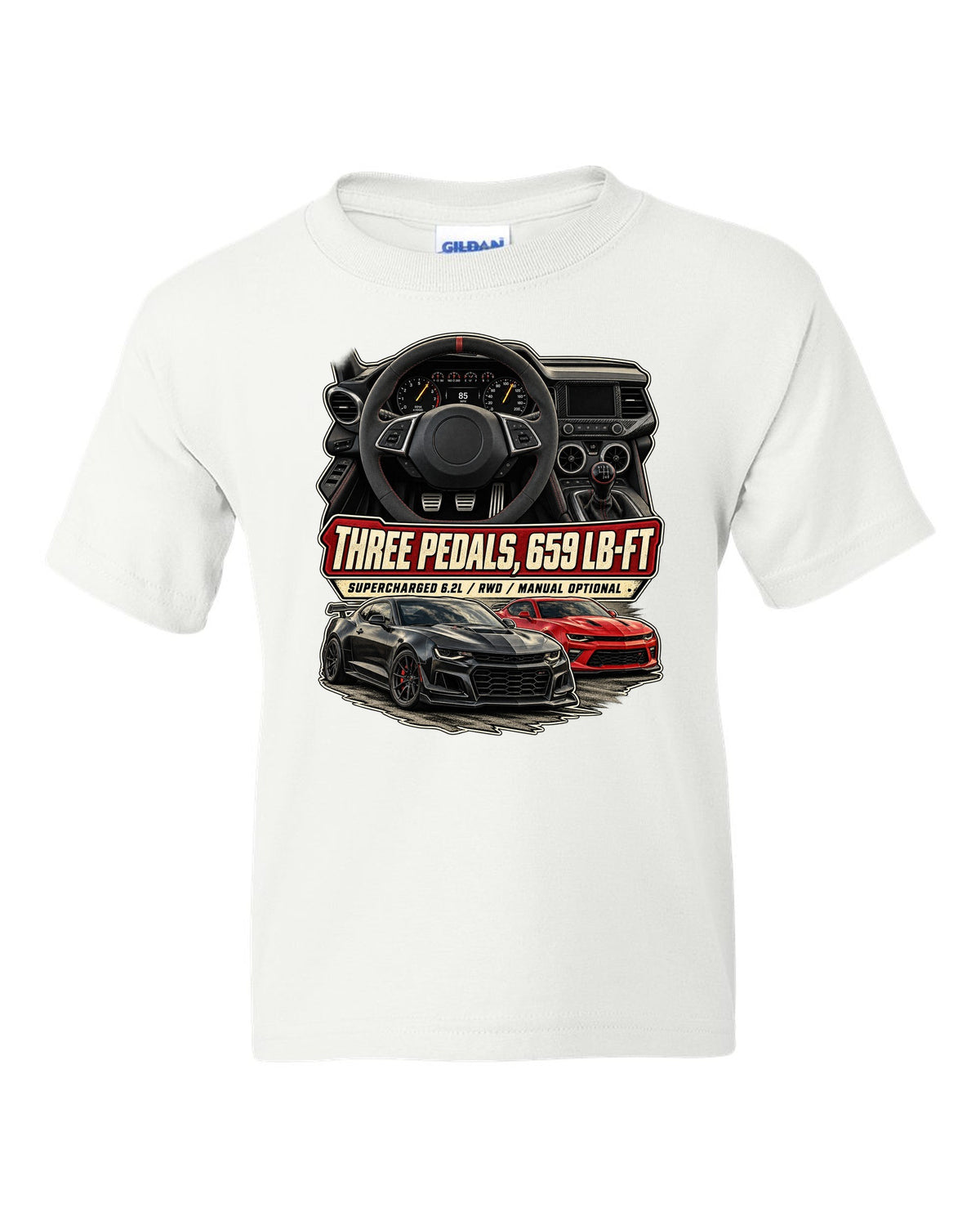 Gauge cockpit print of a 2022-25 Cadillac CT5-V Blackwing interior white kids tee front view with the design