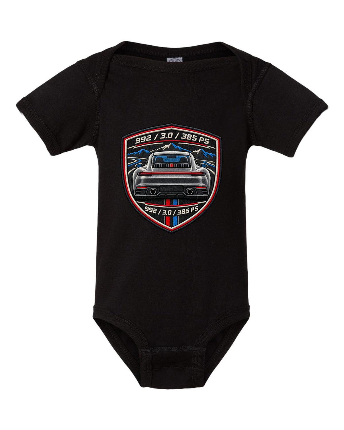 Round crest print of a Porsche 911 992 with the text 992, 3.0 and 385 PS black baby onesie front view with the design