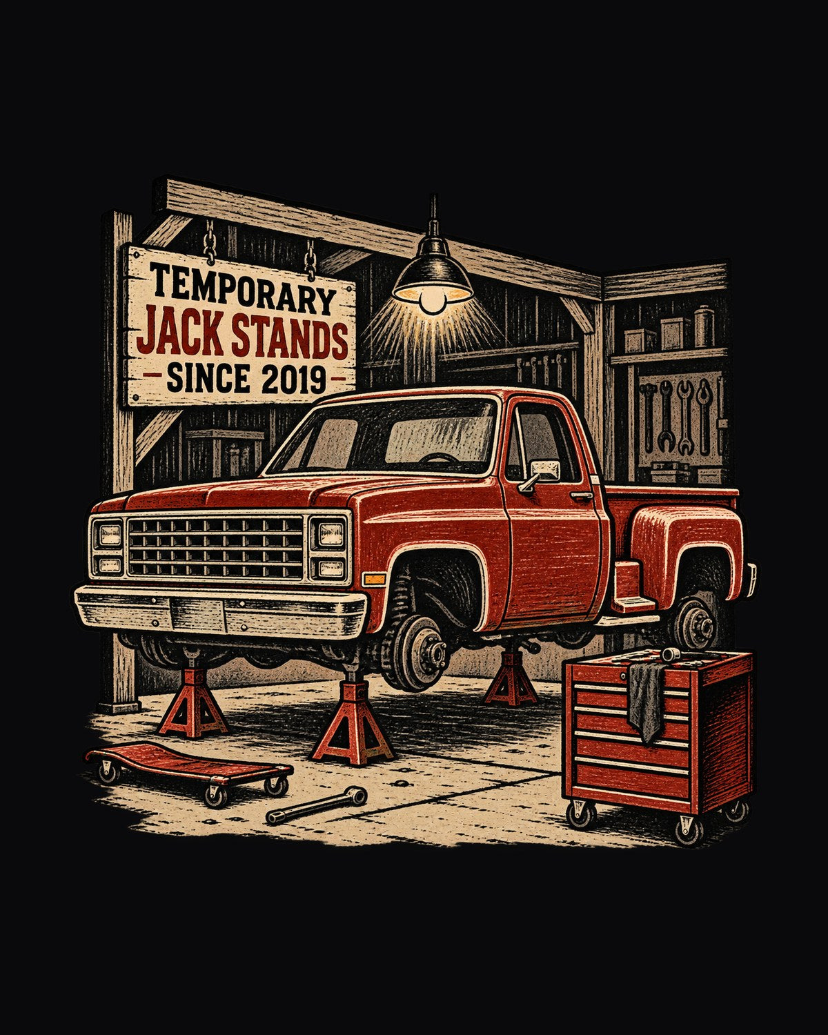 Chevrolet C10 Squarebody Stepside Linocut Shirt, Jack Stands Joke design only