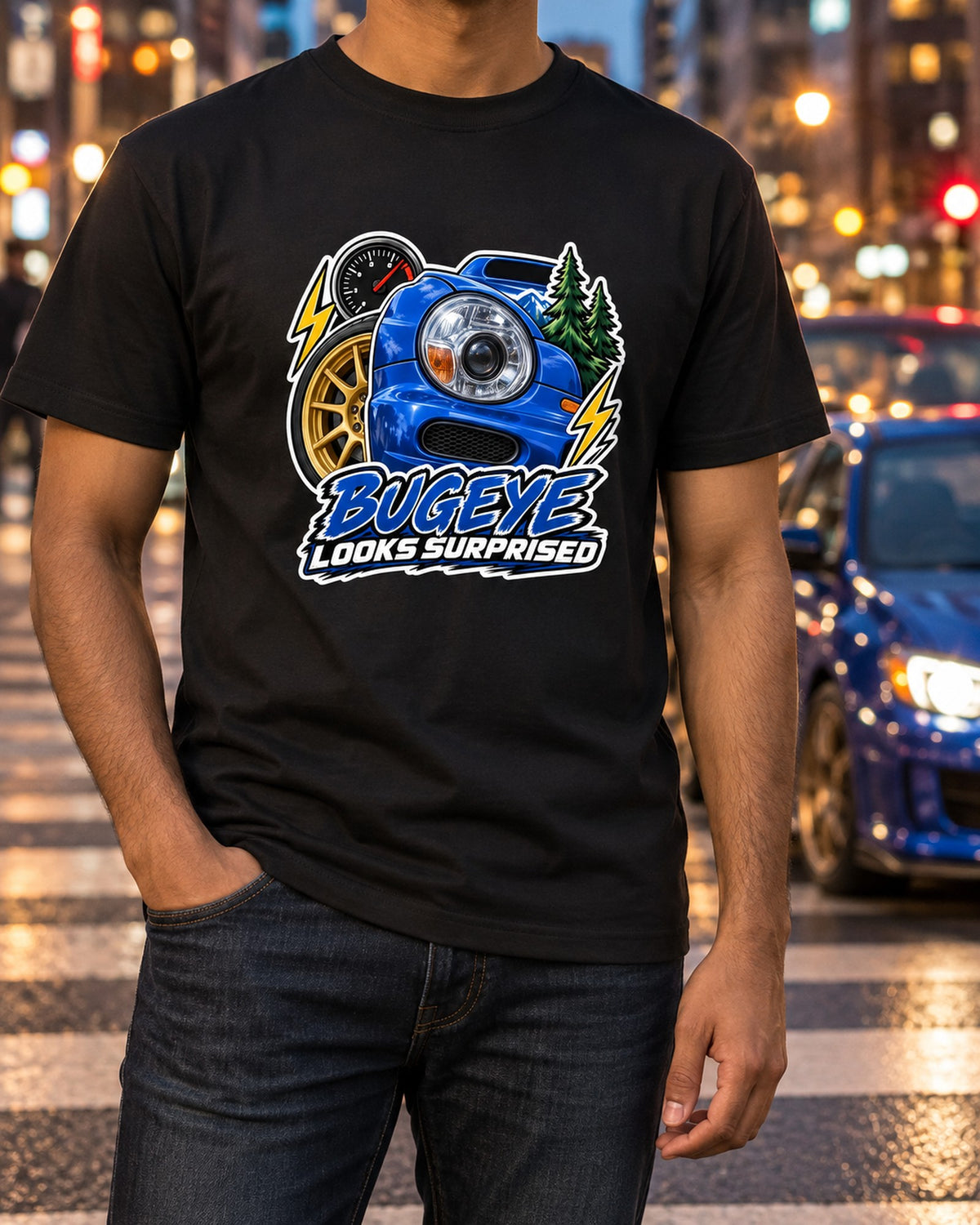 Subaru Impreza WRX GDB Bugeye Sticker Collage Shirt T-Shirt Black worn hero