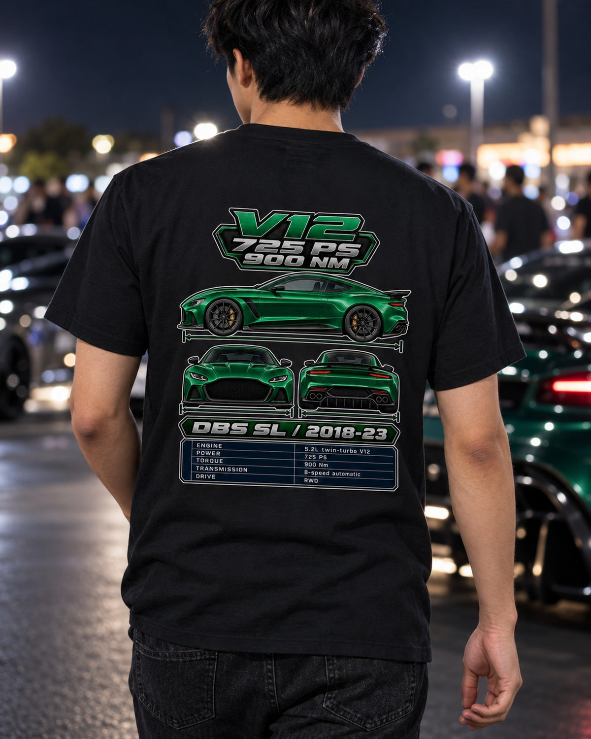 Aston Martin Dbs Superleggera Spec Sheet Full-Back Graphic Tee T-Shirt Black worn hero