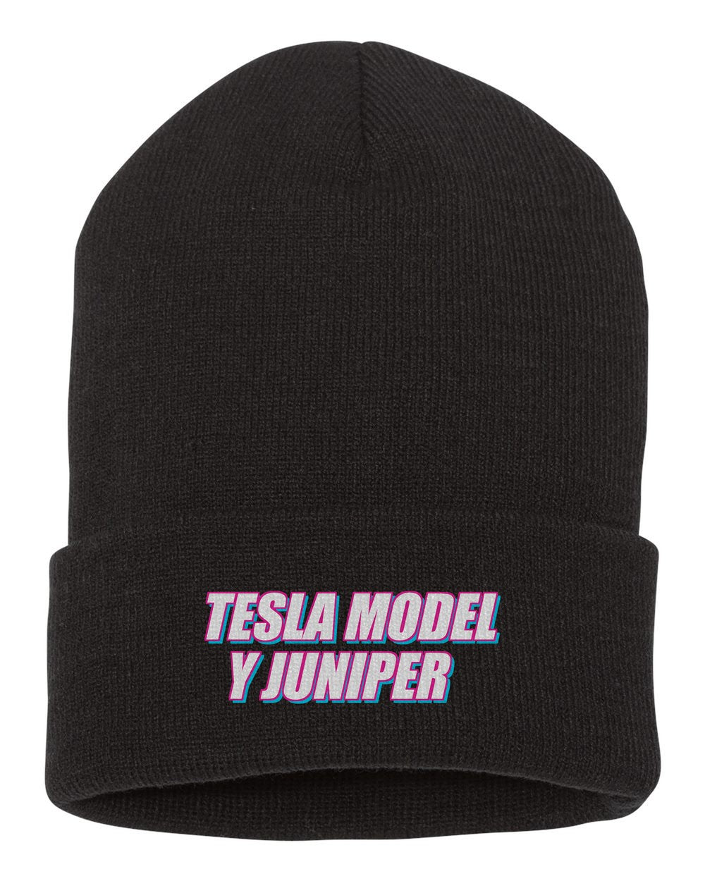Tesla Model Y Juniper black beanie front view with car name