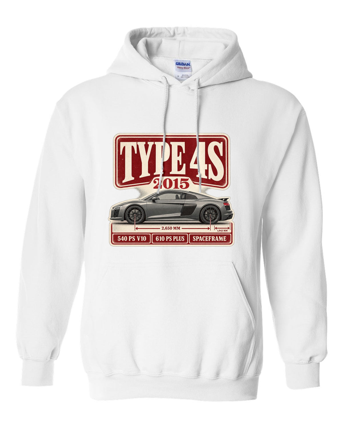 Audi R8 V10 Type 4S 2015 launch archive panel print design white pull over hoodie front view with the design