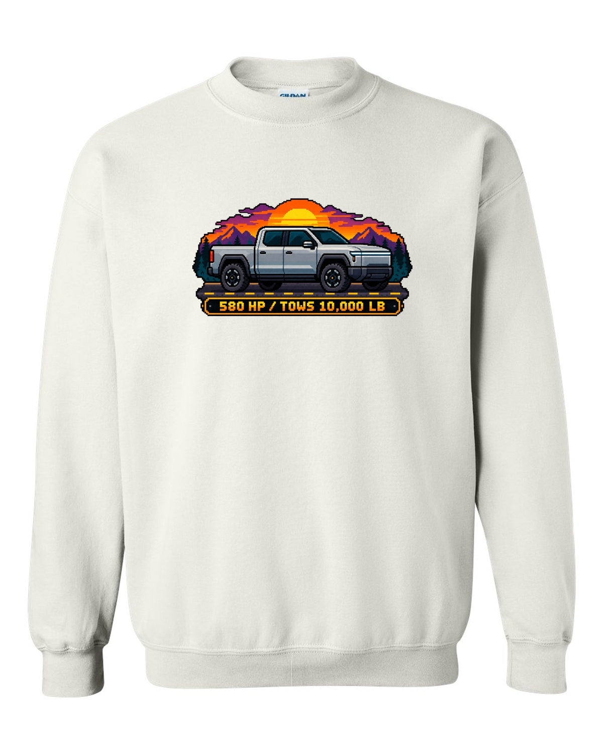 Ford F-150 Lightning 16-bit pixel art print with 580 HP and 10,000 lb towing text white crewneck front view with the design