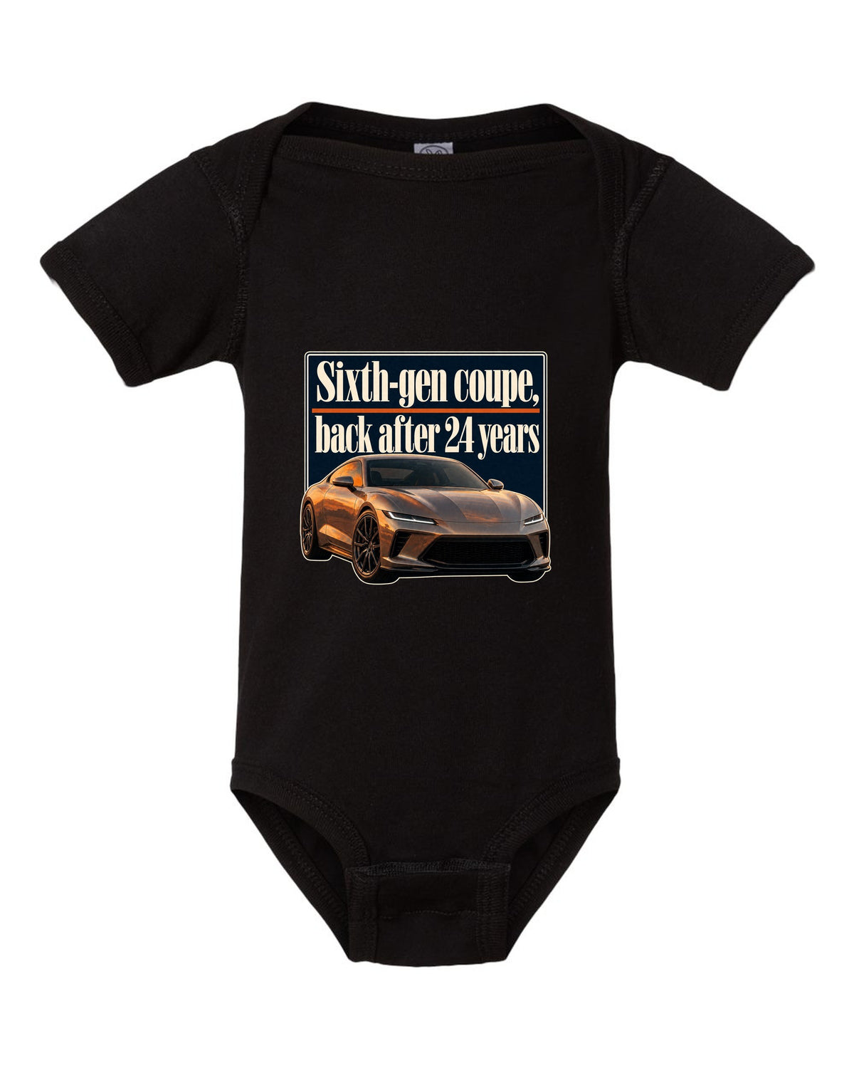 Honda Prelude 2026 sixth-gen editorial headline print black baby onesie front view with the design