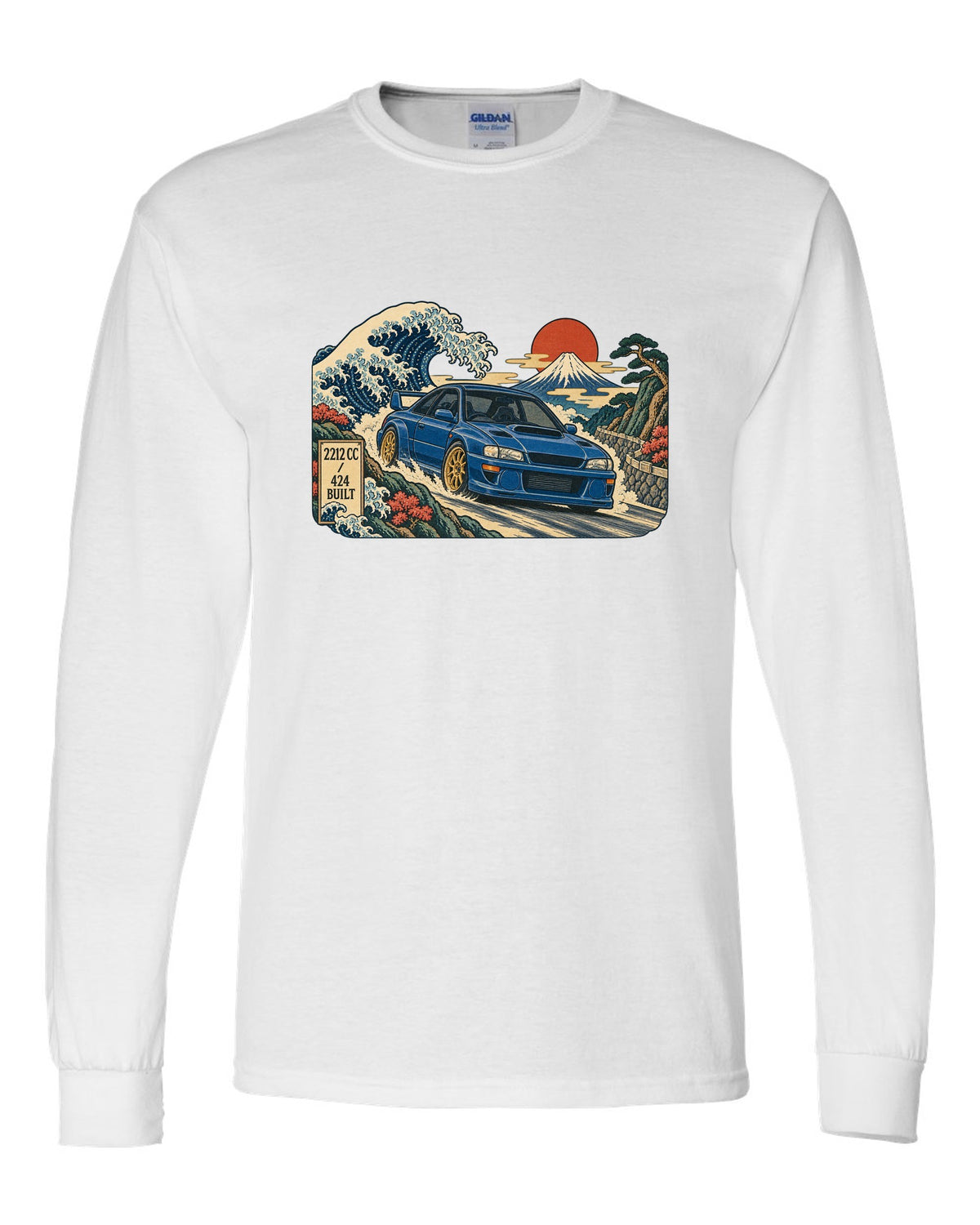Ukiyo-e woodblock style Subaru Impreza 22B STI in front of a wave white long sleeve front view with the design