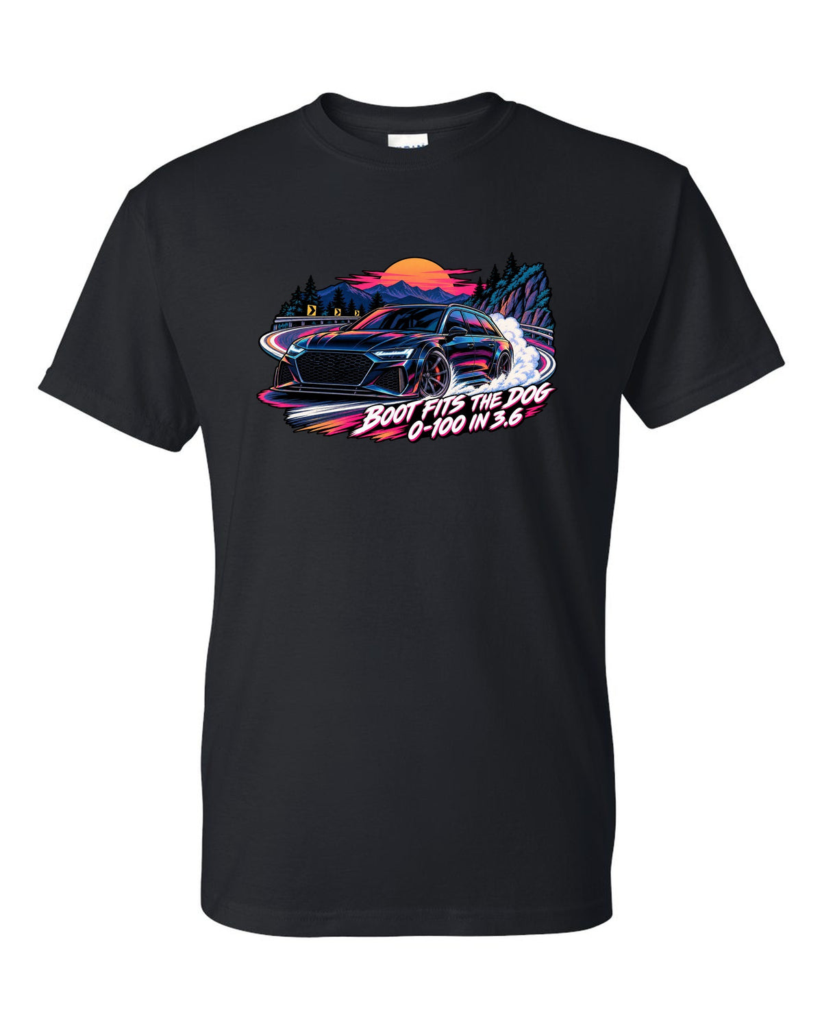 Cel-shaded anime night touge design of the Audi RS6 Avant C8 with boot fits the dog lettering black t-shirt front view with the design