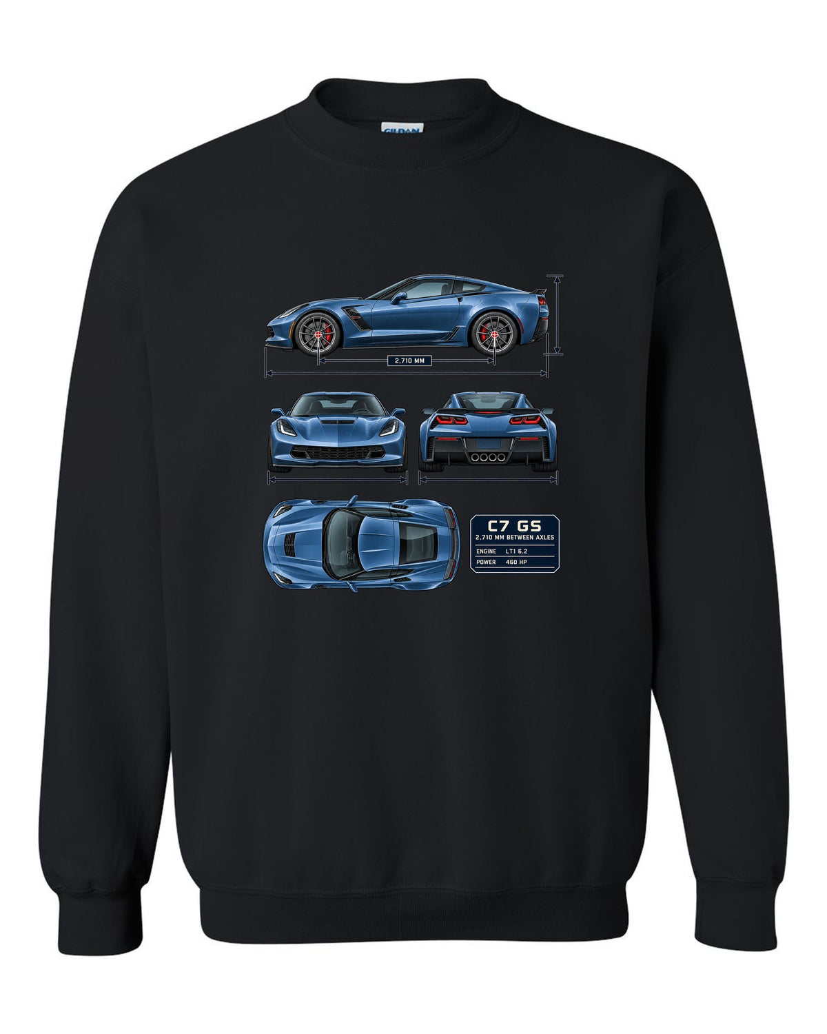 print of a Chevrolet Corvette C7 Grand Sport dimension blueprint with 2,710 mm wheelbase black crewneck front view with the design