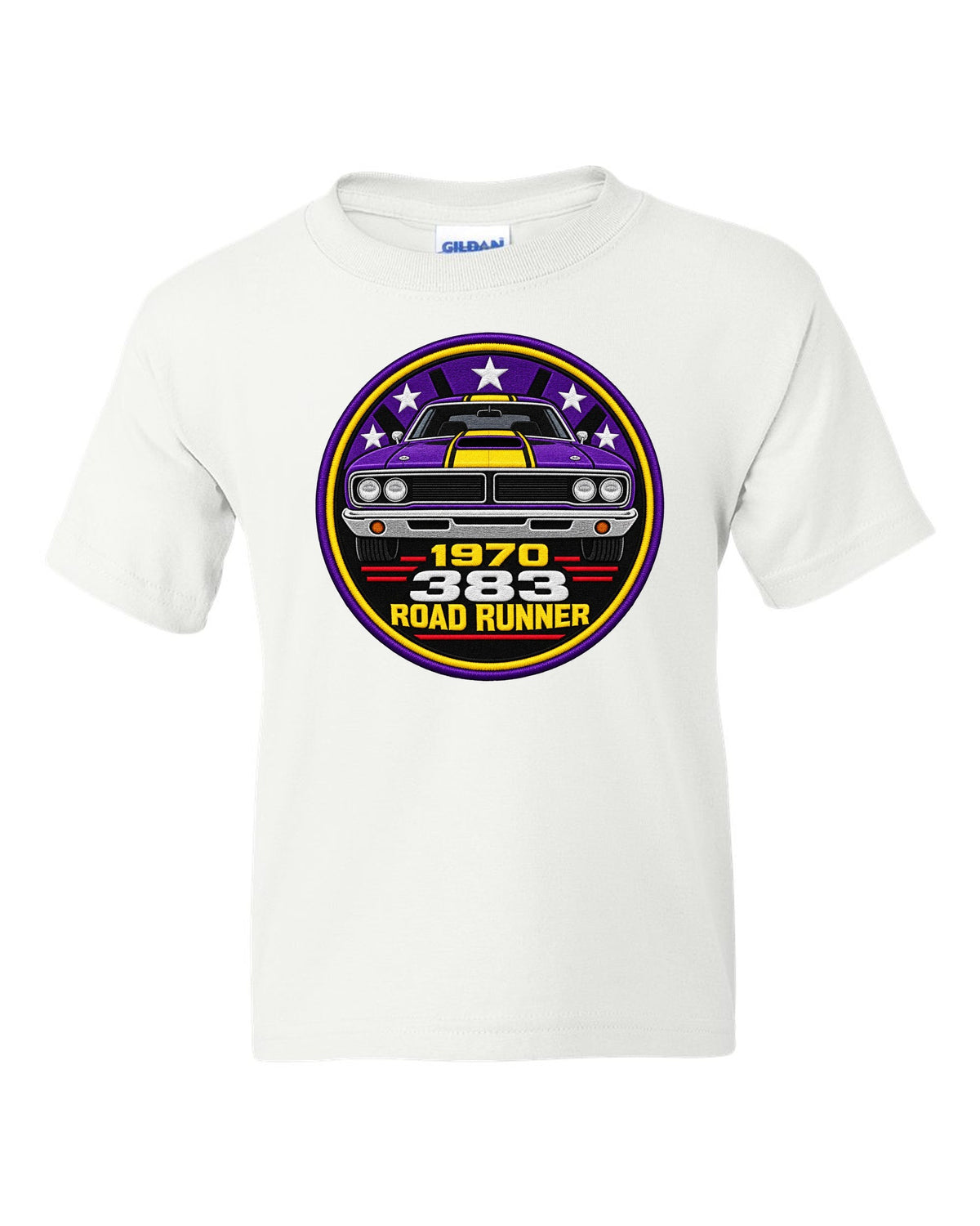 Original round crest print for a 1970 Plymouth Road Runner with 383 lettering white kids tee front view with the design