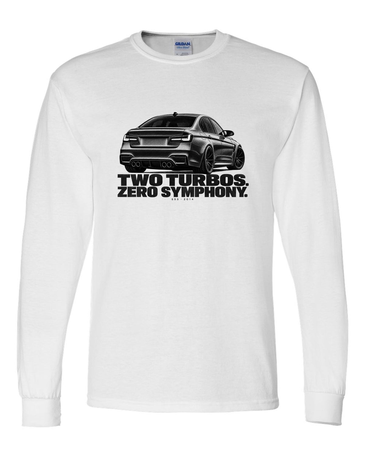 BMW F80 M3 sedan halftone print with two turbos zero symphony text white long sleeve front view with the design