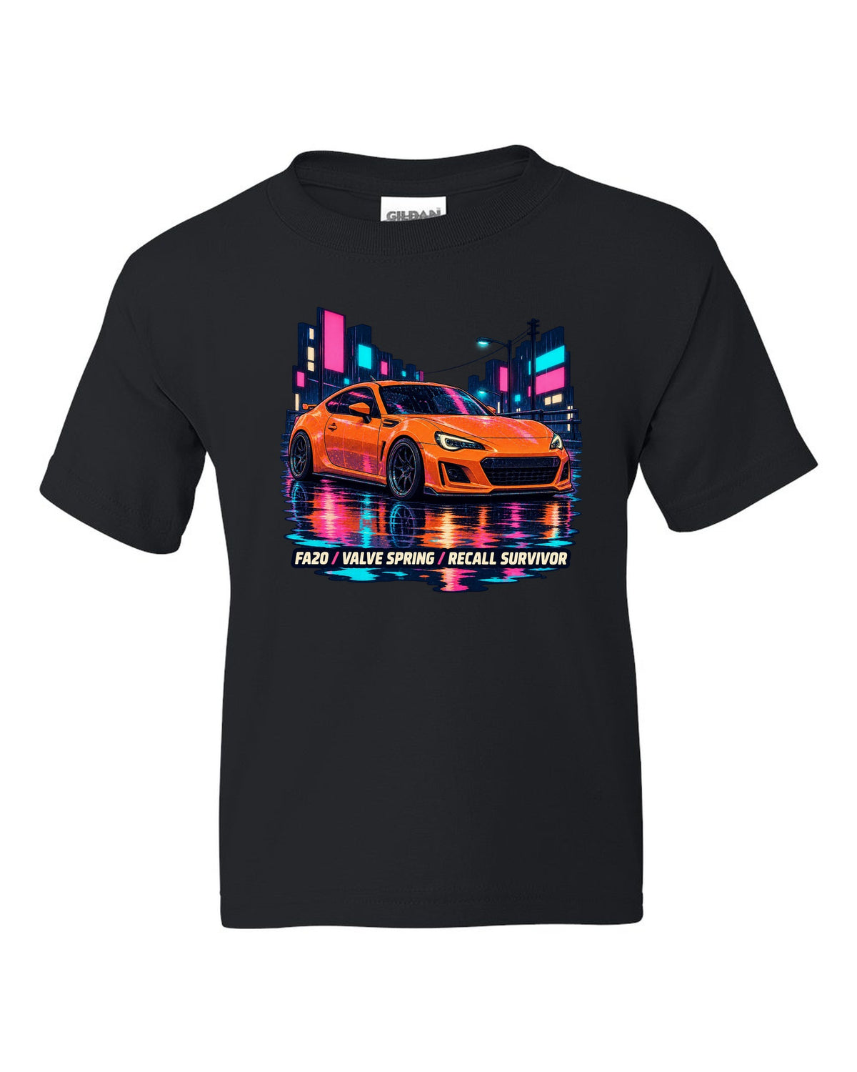 Subaru BRZ ZC6 in a rainy lo-fi anime night scene, FA20 / VALVE SPRING / RECALL SURVIVOR black kids tee front view with the design