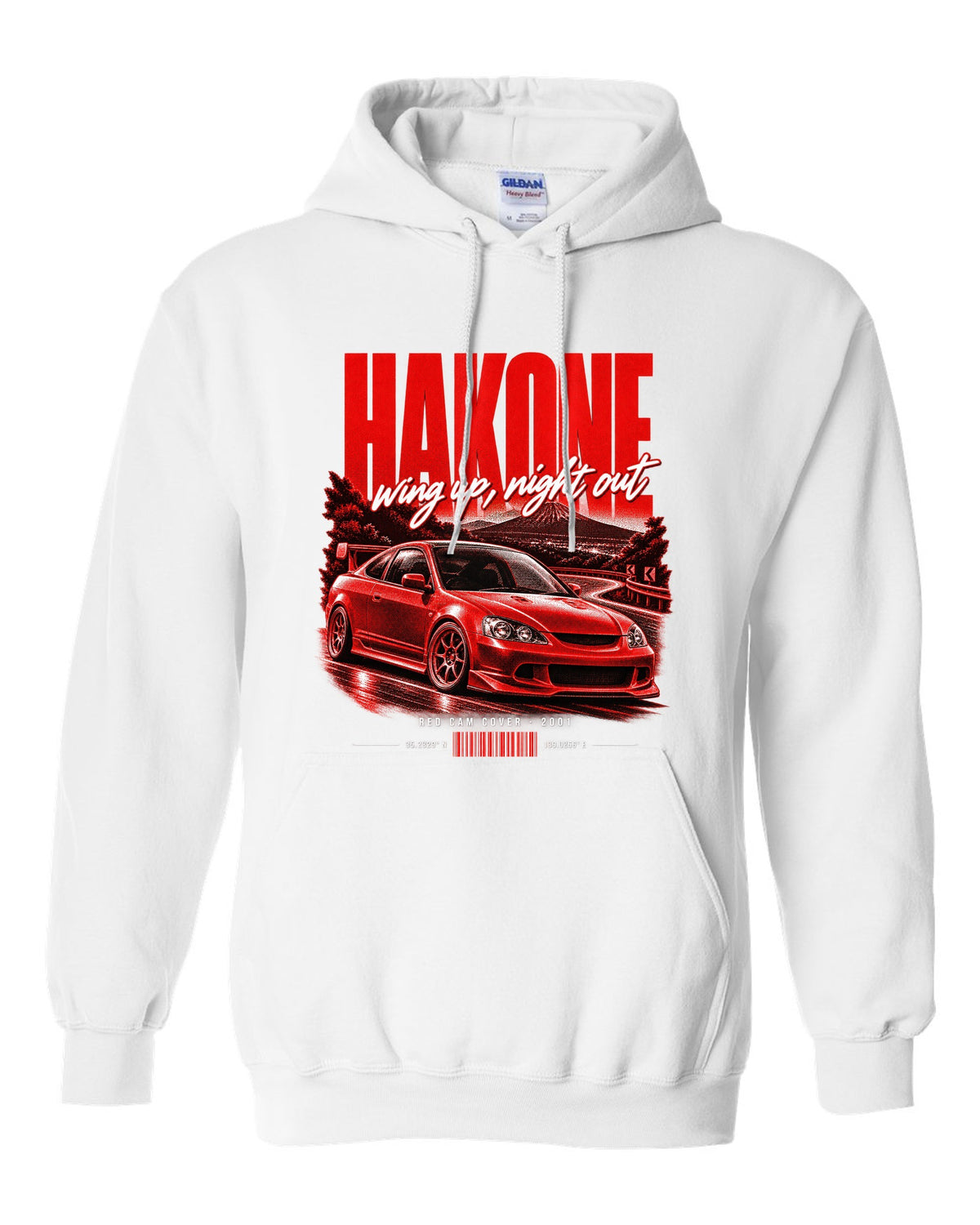 Honda Integra DC5 Type R chback street poster with Hakone and red cam cover text white pull over hoodie front view with the design