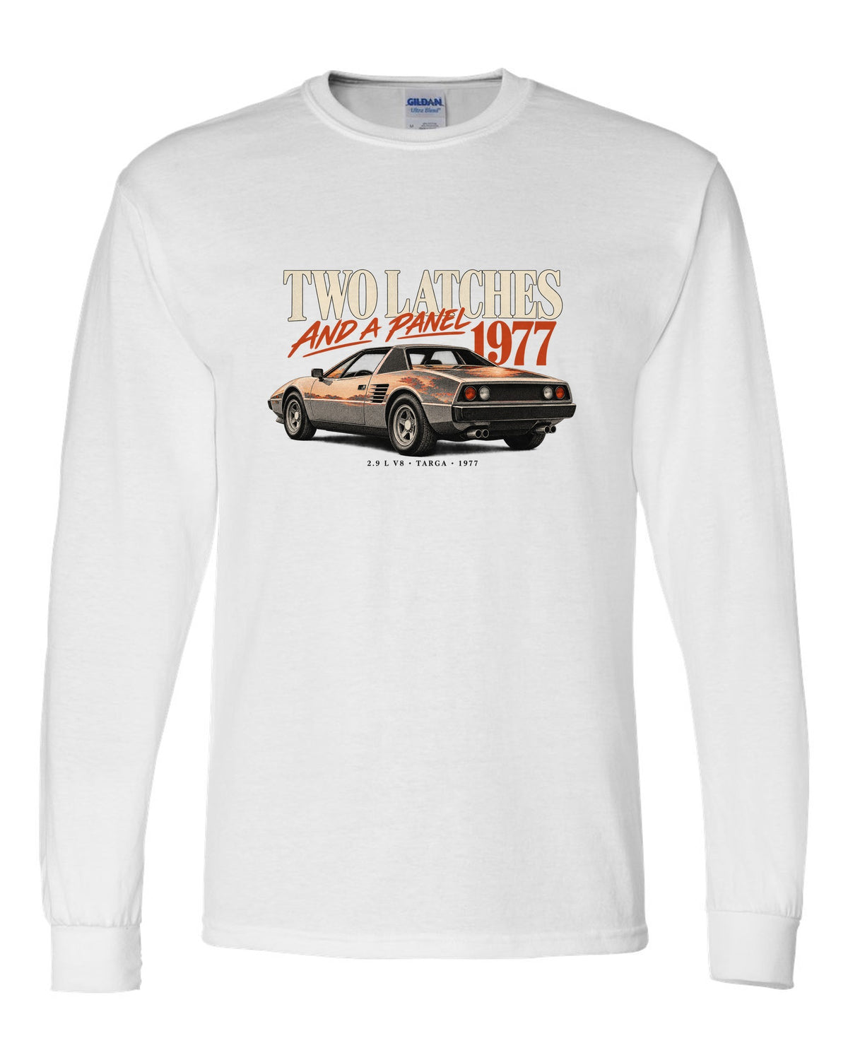 Ferrari 308 GTS 1977 rear three-quarter print, two latches and a panel, targa roof white long sleeve front view with the design