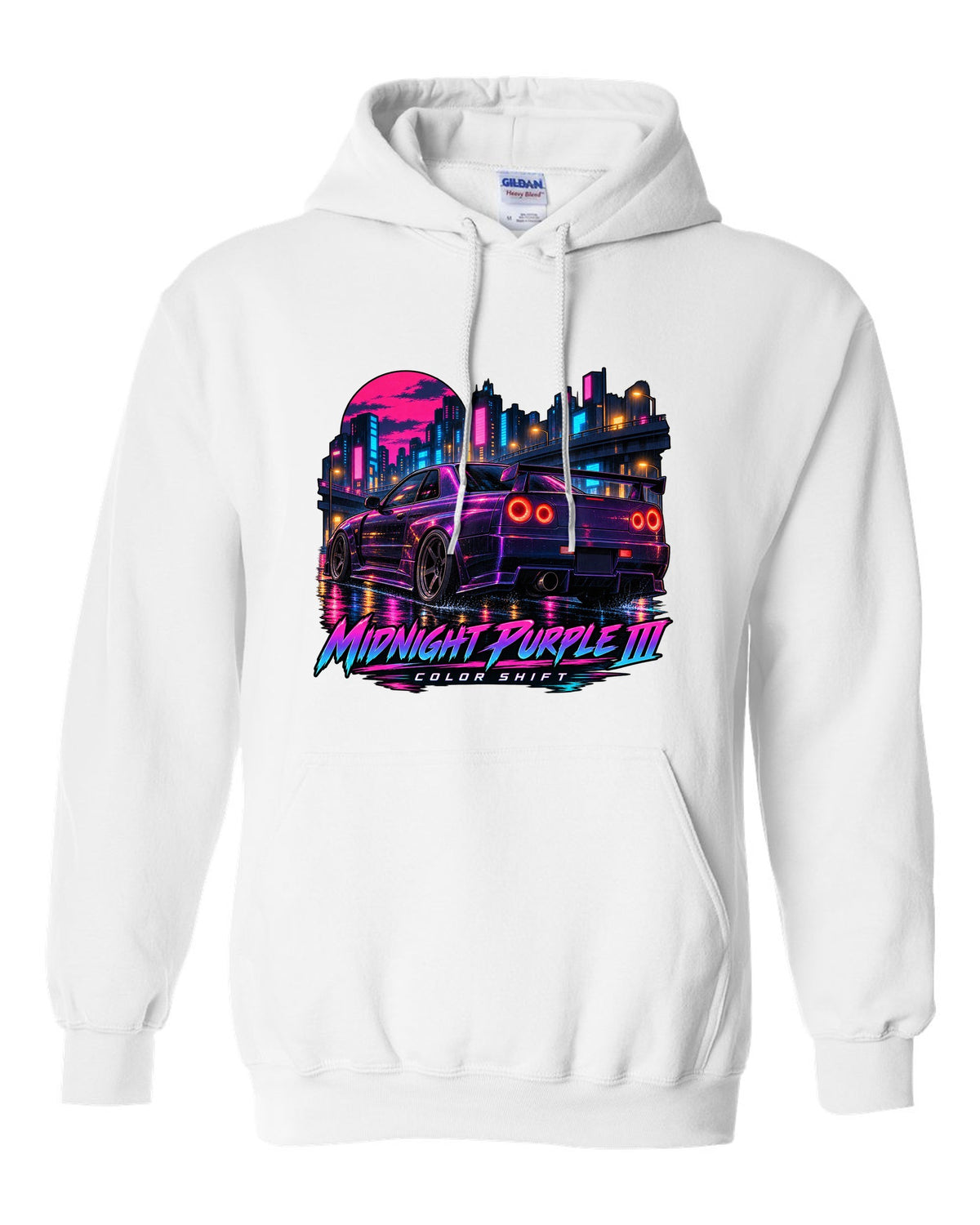 Cel-shaded anime night street print of a Midnight Purple III Nissan Skyline GT-R R34 BNR34 white pull over hoodie front view with the design