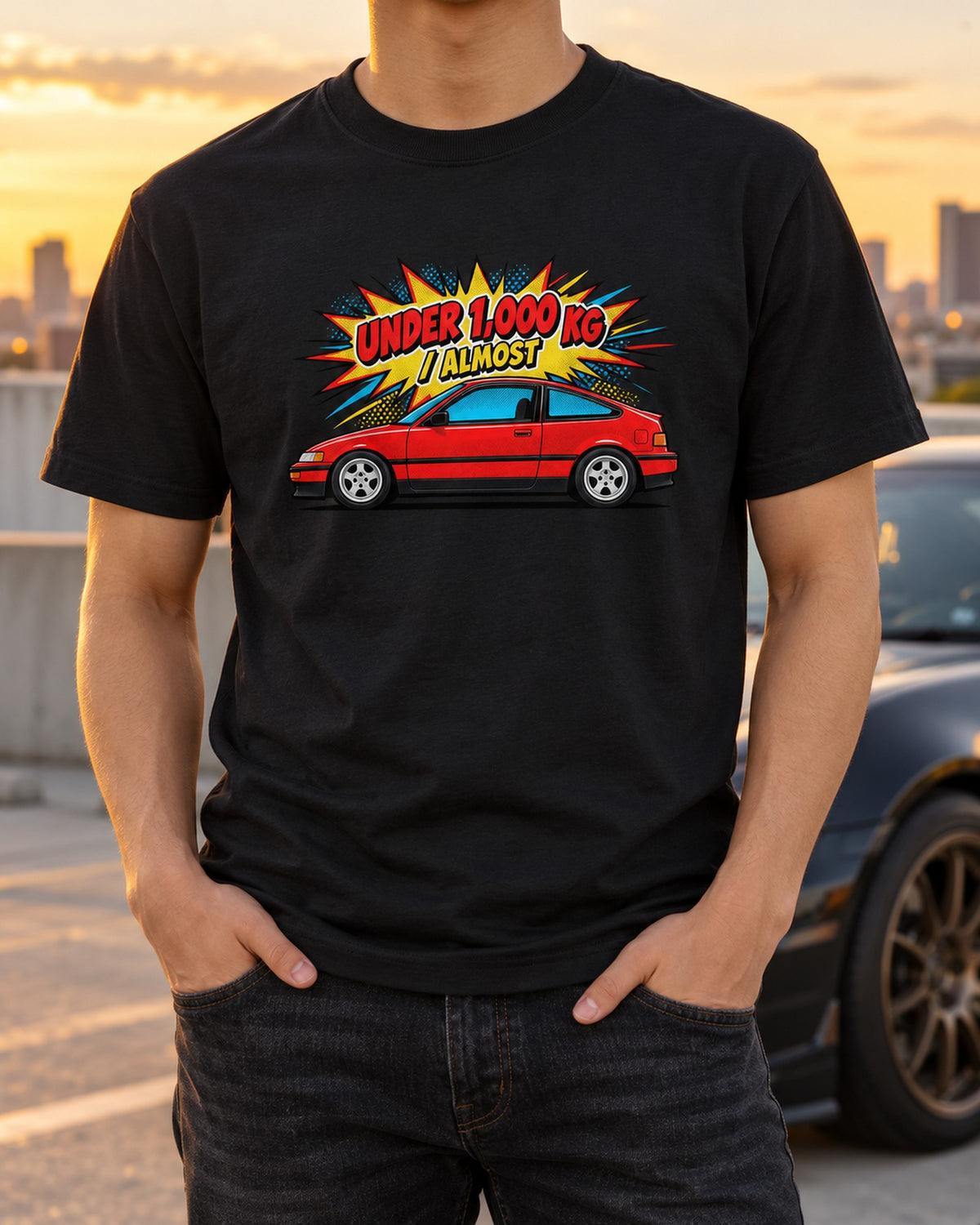 Honda CRX EF8 Si Pop-Art Halftone Shirt, Under A Tonne T-Shirt Black worn hero