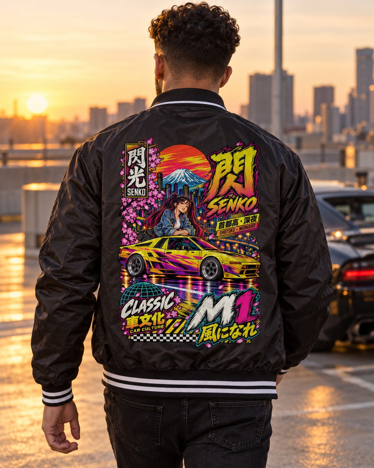 SENKO M1 Anime Girl Full-Back Graphic Tee Bomber Jacket Black worn hero