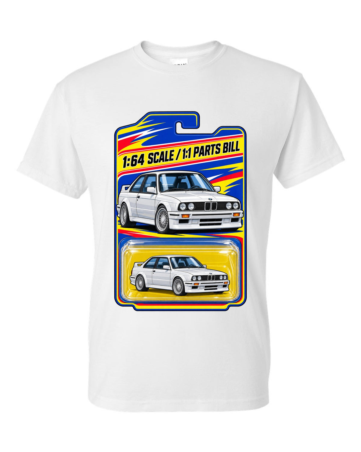 Vaporwave pastel print of a BMW E30 M3 slicktop with roof leaks not included text white t-shirt front view with the design