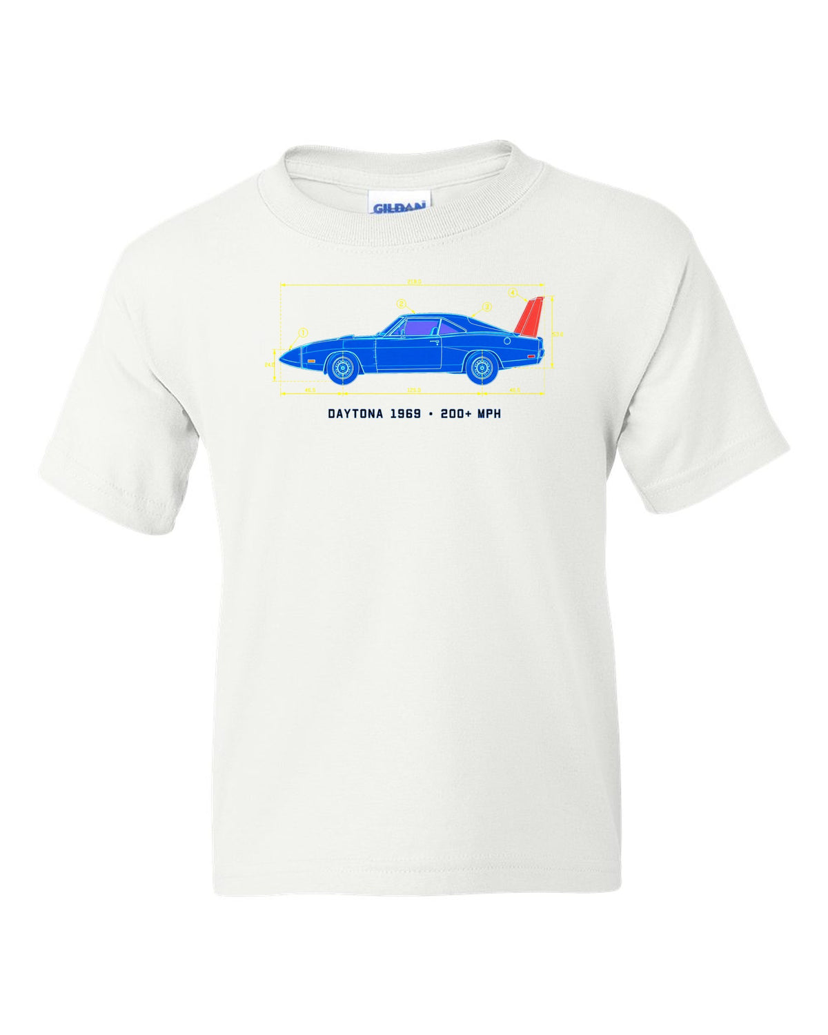 1969 Dodge Charger Daytona blueprint patent sheet print with 200+ MPH text white kids tee front view with the design
