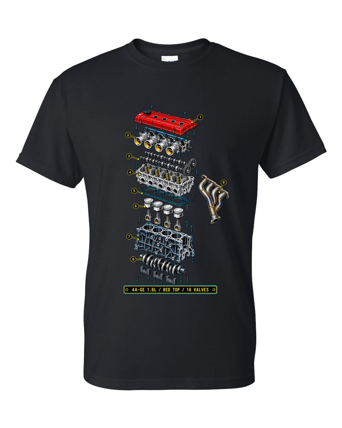 Blueprint exploded diagram of the Toyota AE86 Corolla Levin 4A-GE 1.6L engine black t-shirt front view with the design