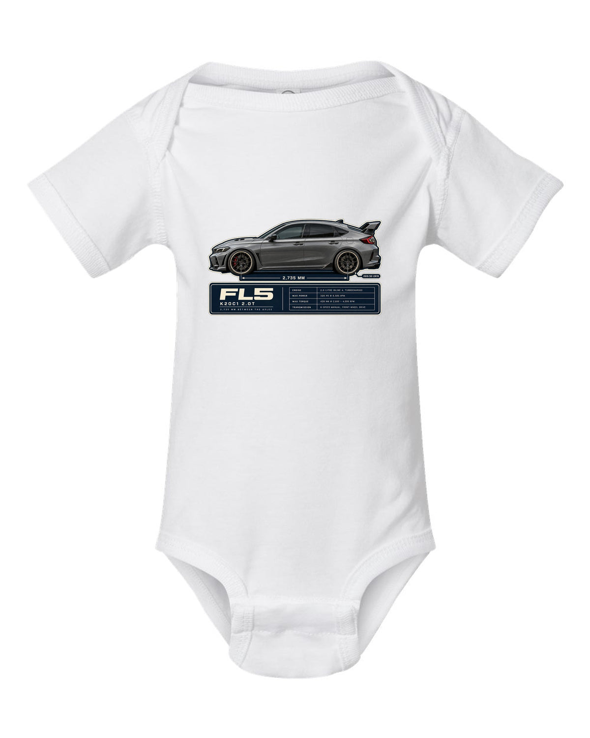 Honda Civic Type R FL5 Wheelbase Blueprint white baby onesie front view with the design