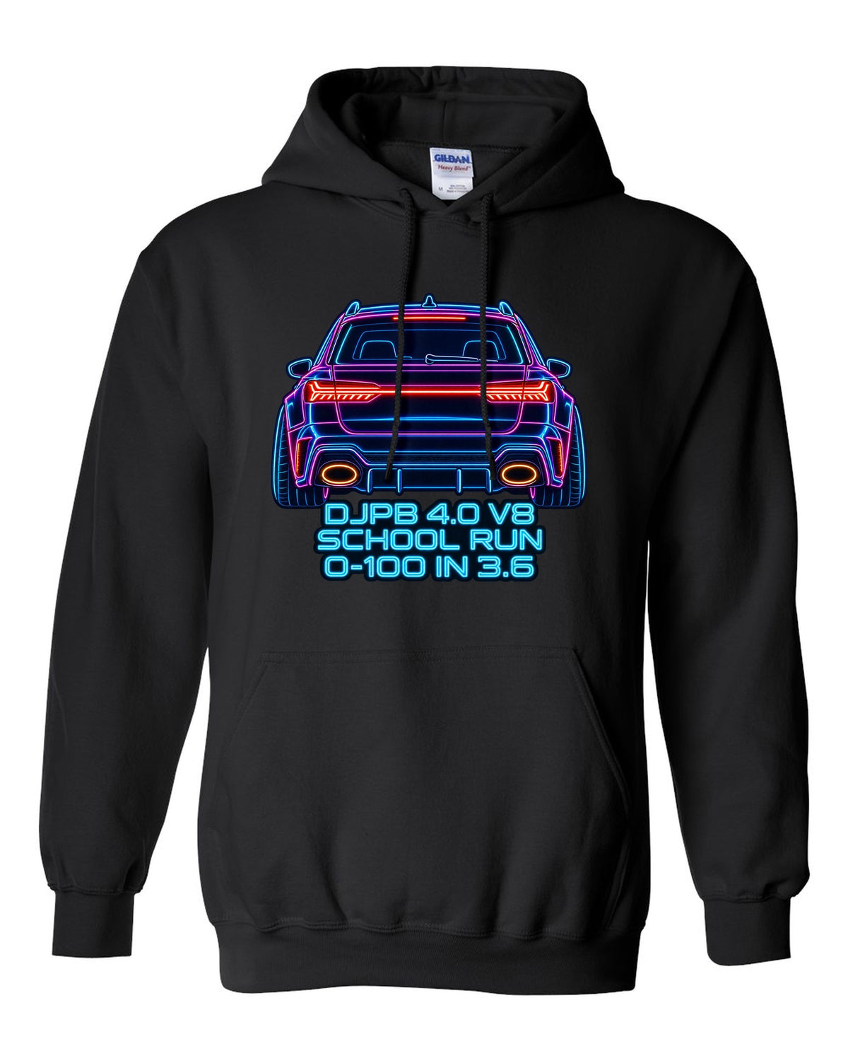 Neon sign line art design of the Audi RS6 Avant C8 with school run and 0-100 in 3.6 lettering black pull over hoodie front view with the design