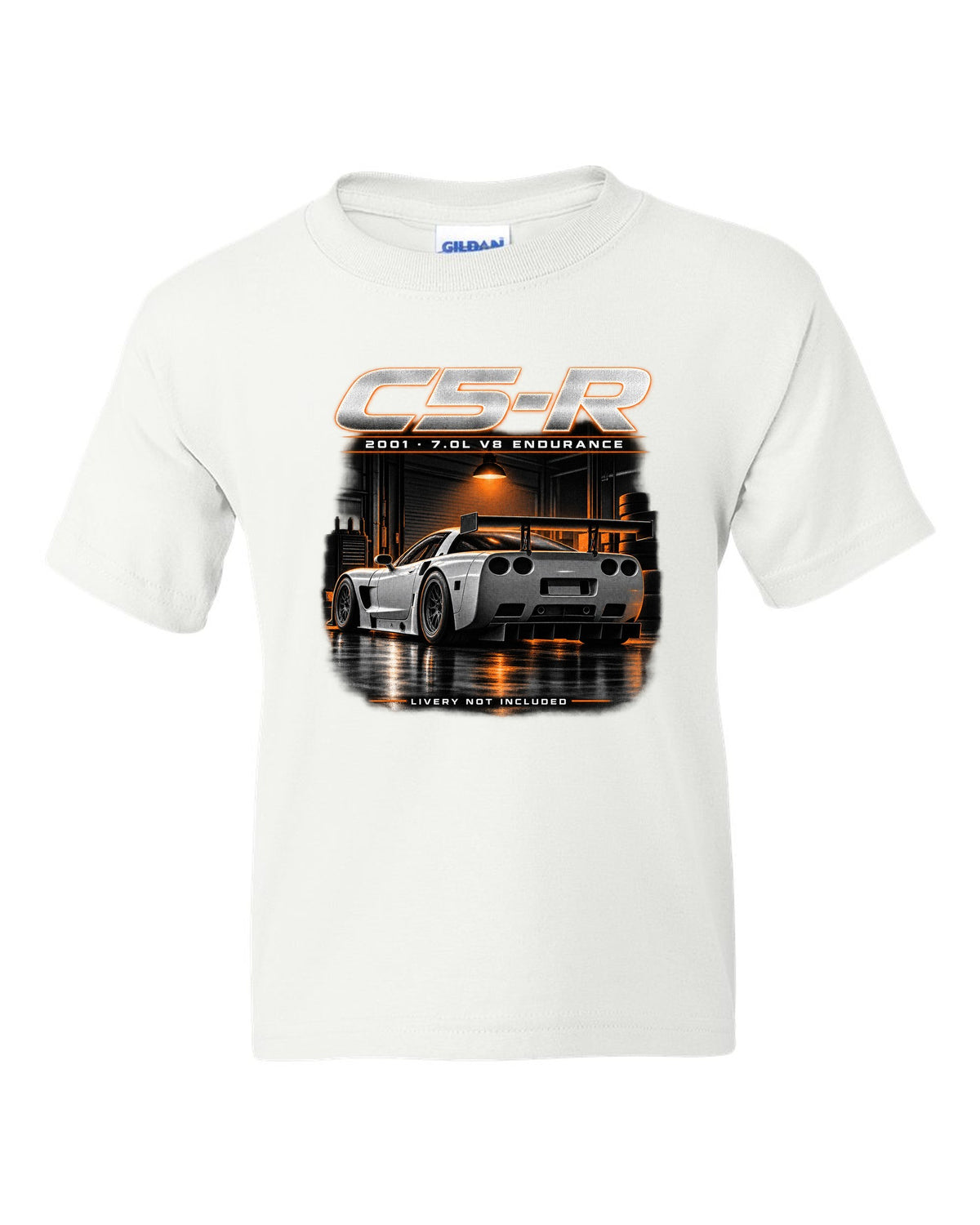 Corvette C5-R race car with big rear wing in a night garage white kids tee front view with the design