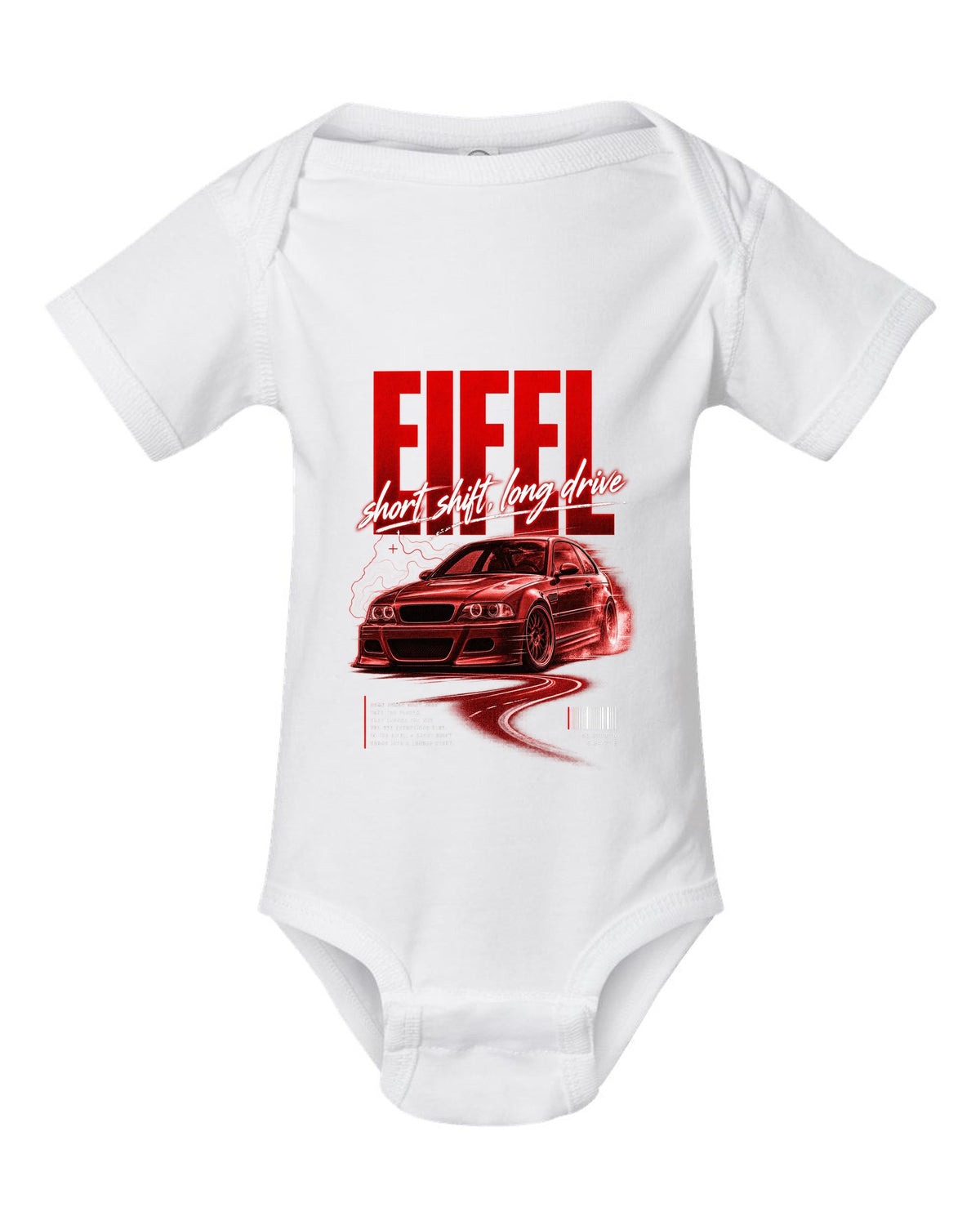BMW E46 M3 coupe street poster print naming Eifel with short shift long drive text white baby onesie front view with the design