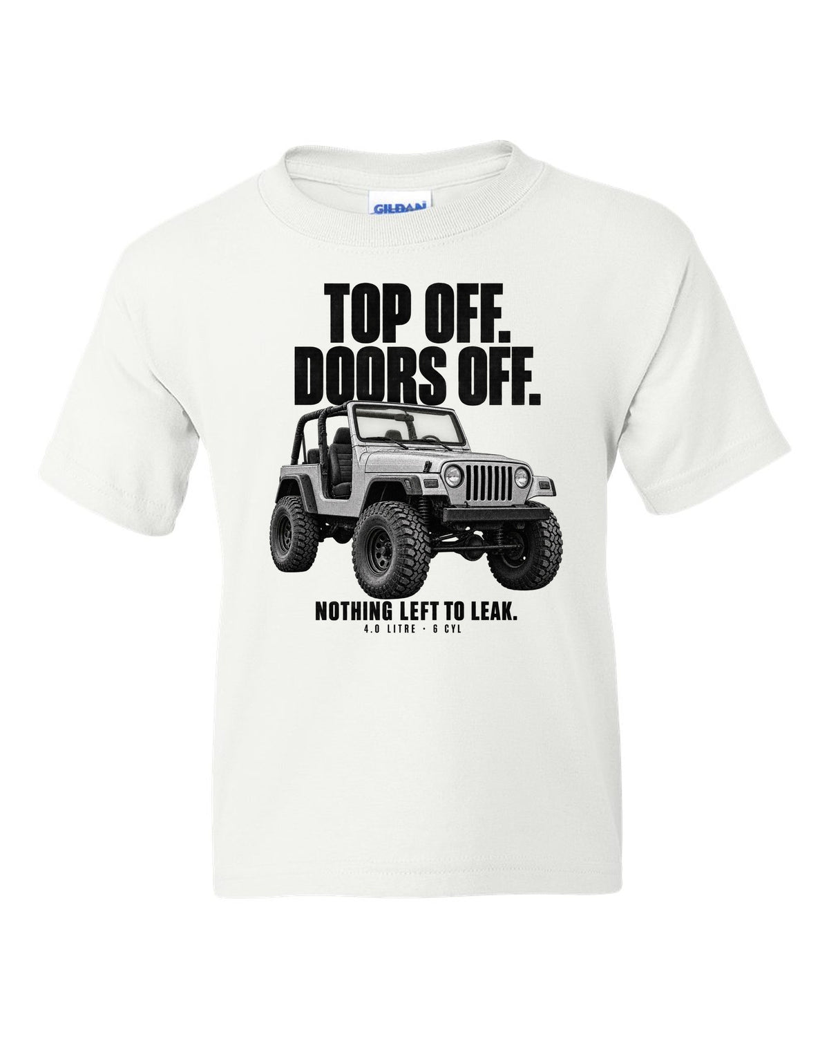 Halftone print for the Jeep Wrangler TJ, Top Off Doors Off Nothing Left To Leak white kids tee front view with the design