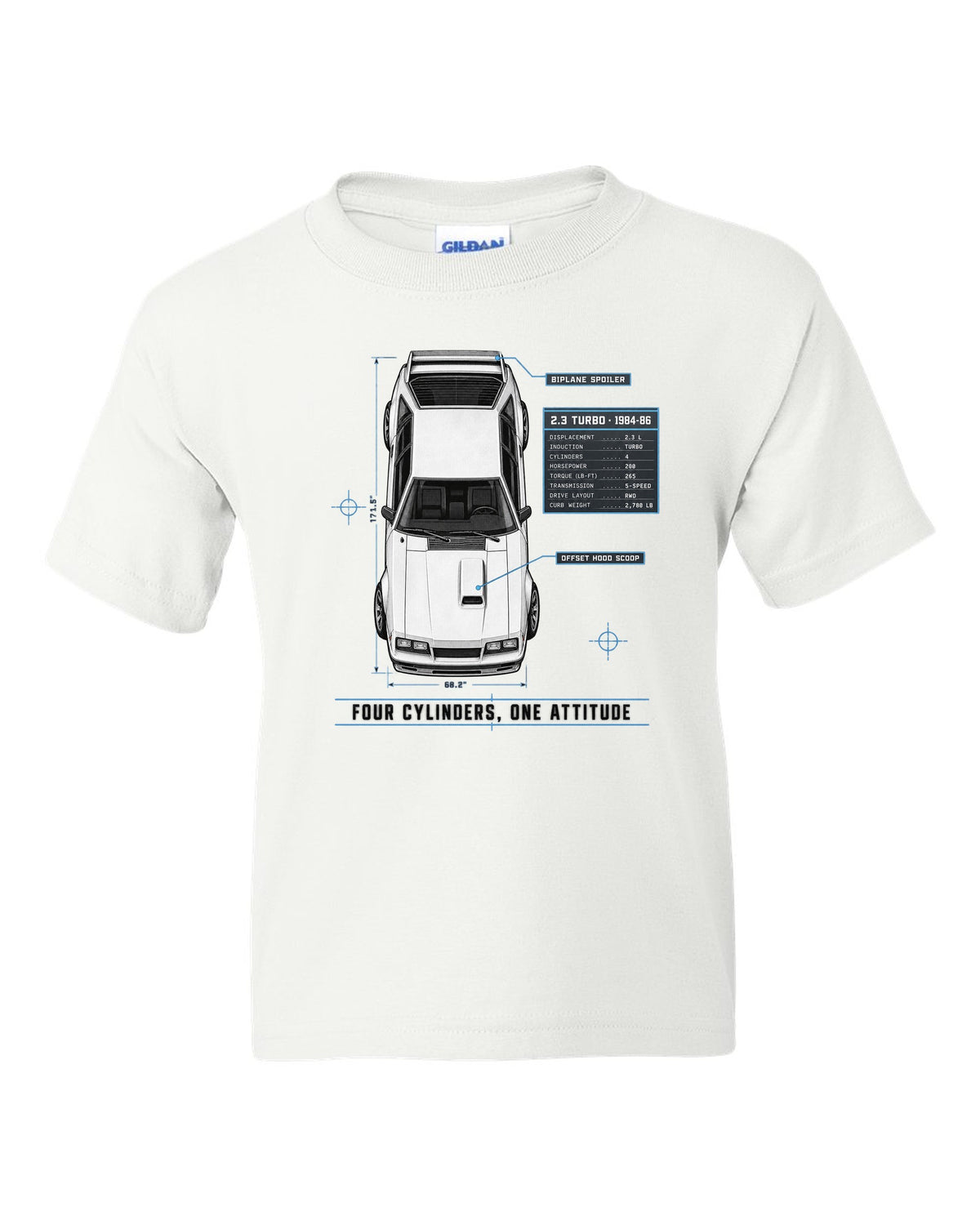 Spec poster print of a 1984-86 Fox Body Mustang 2.3 turbo chback white kids tee front view with the design
