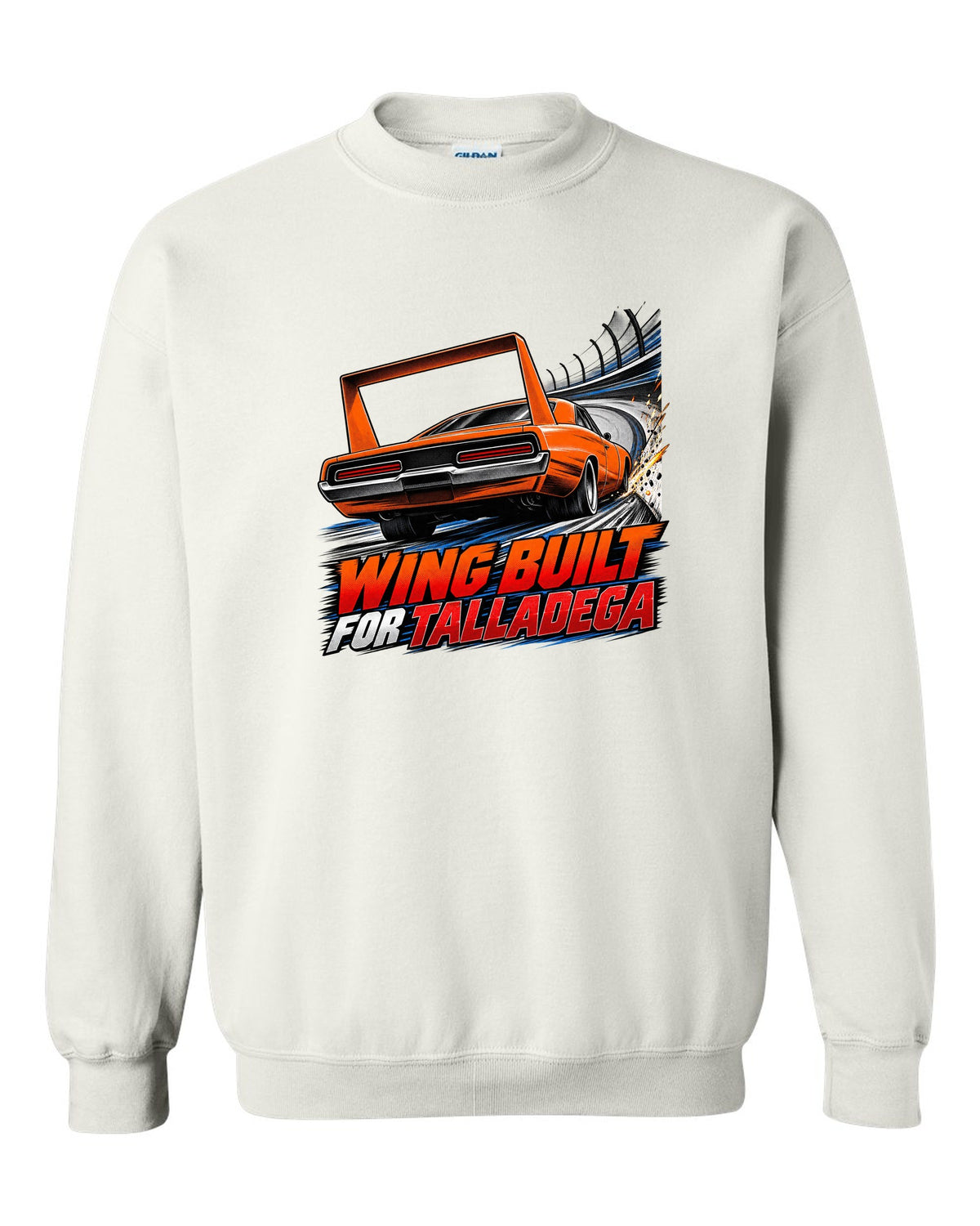 Retro manga halftone panel of a 1969 Dodge Charger Daytona with wing speed lines and Talladega text white crewneck front view with the design