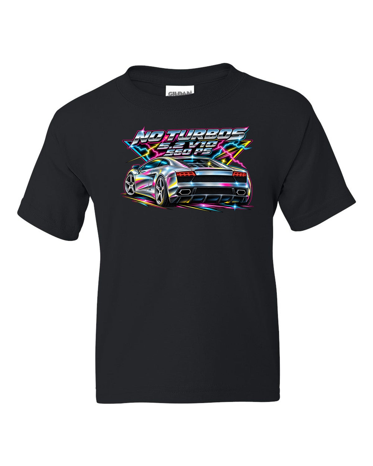 80s airbrush chrome Lamborghini Gallardo LP560-4 with the text NO TURBOS / 5.2 V10 / 560 PS black kids tee front view with the design
