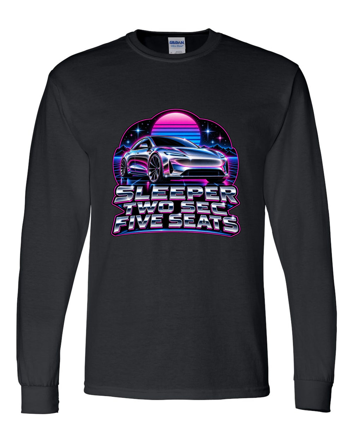 80s chrome airbrush art of a 2021 Tesla Model S Plaid with the words Sleeper Two Sec Five Seats black long sleeve front view with the design