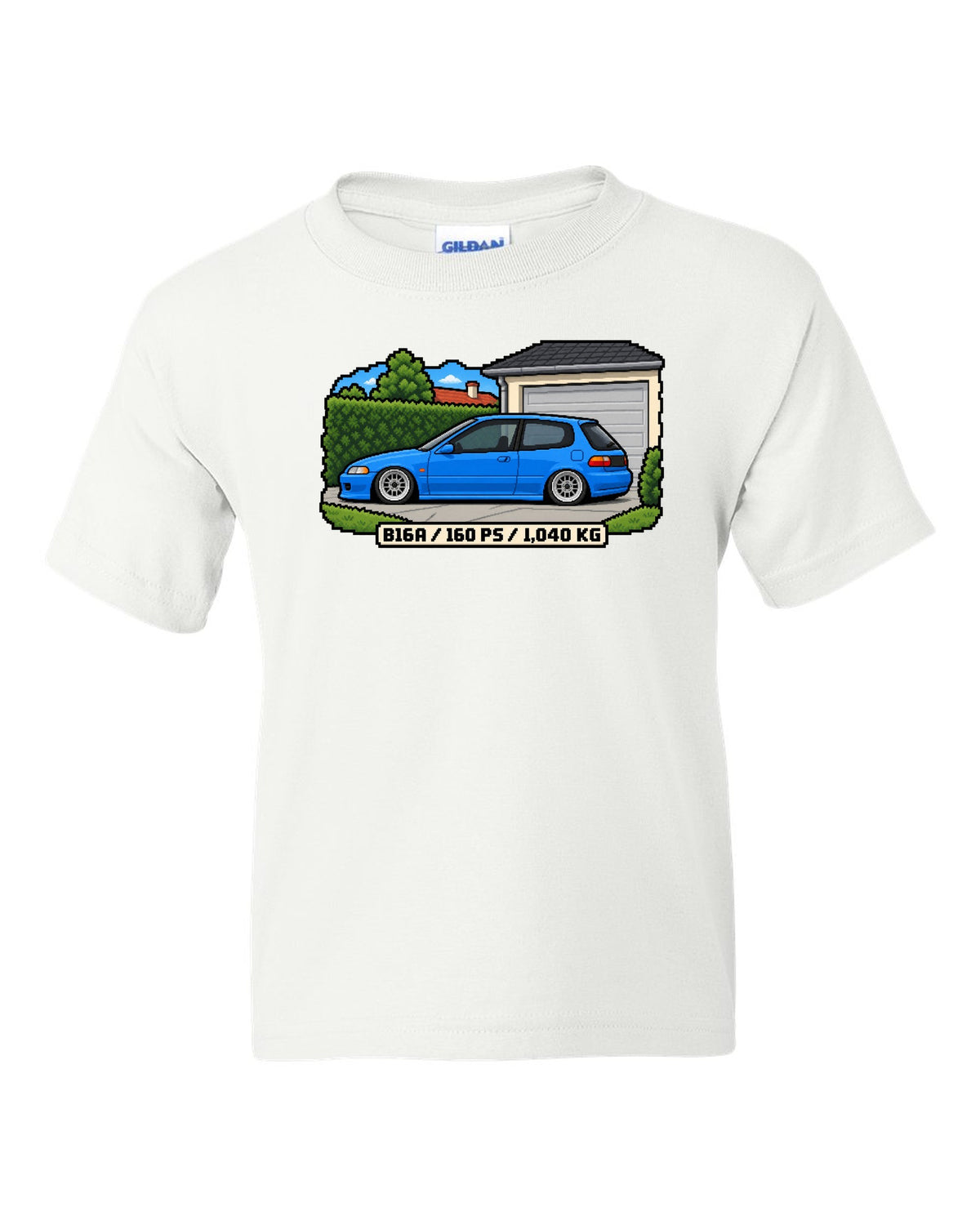 16-bit pixel art print of a 1992 Honda Civic EG6 ch with B16A and 160 PS text white kids tee front view with the design