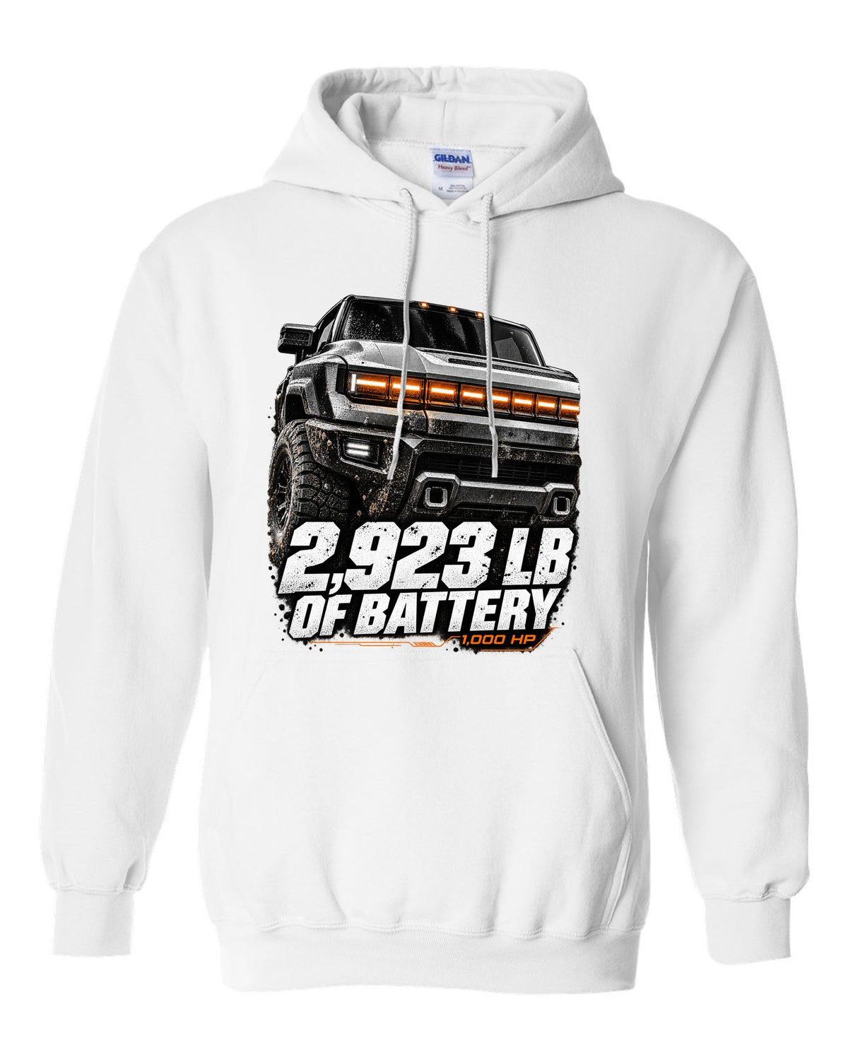 GMC Hummer EV pickup lit front panel macro with battery weight text white pull over hoodie front view with the design