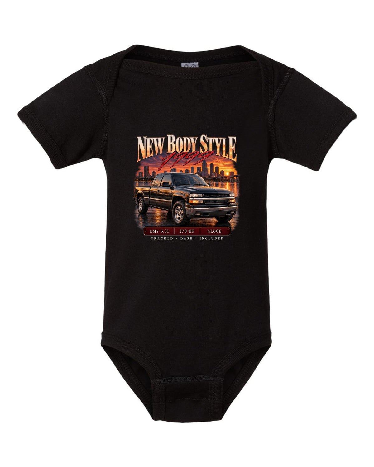 Archive panel print of a 1999-2006 Chevrolet Silverado GMT800 with LM7 5.3L text black baby onesie front view with the design