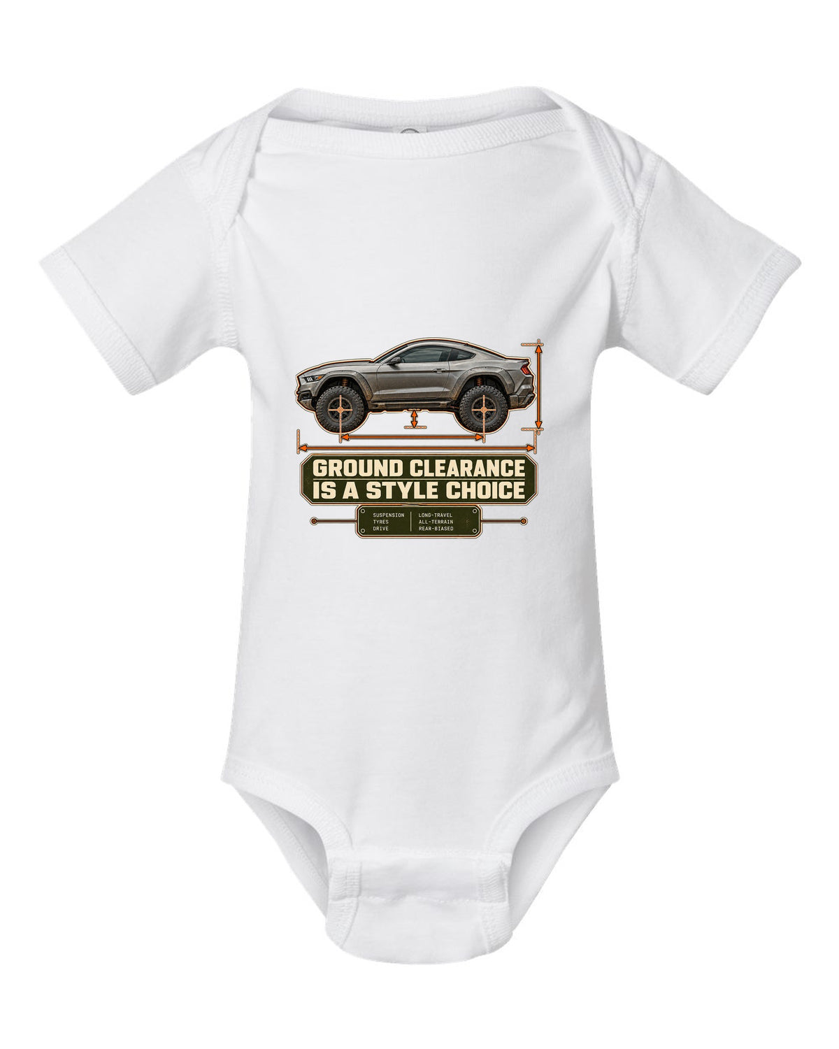 print of a Mustang Raptor concept dimension blueprint with ground clearance text white baby onesie front view with the design