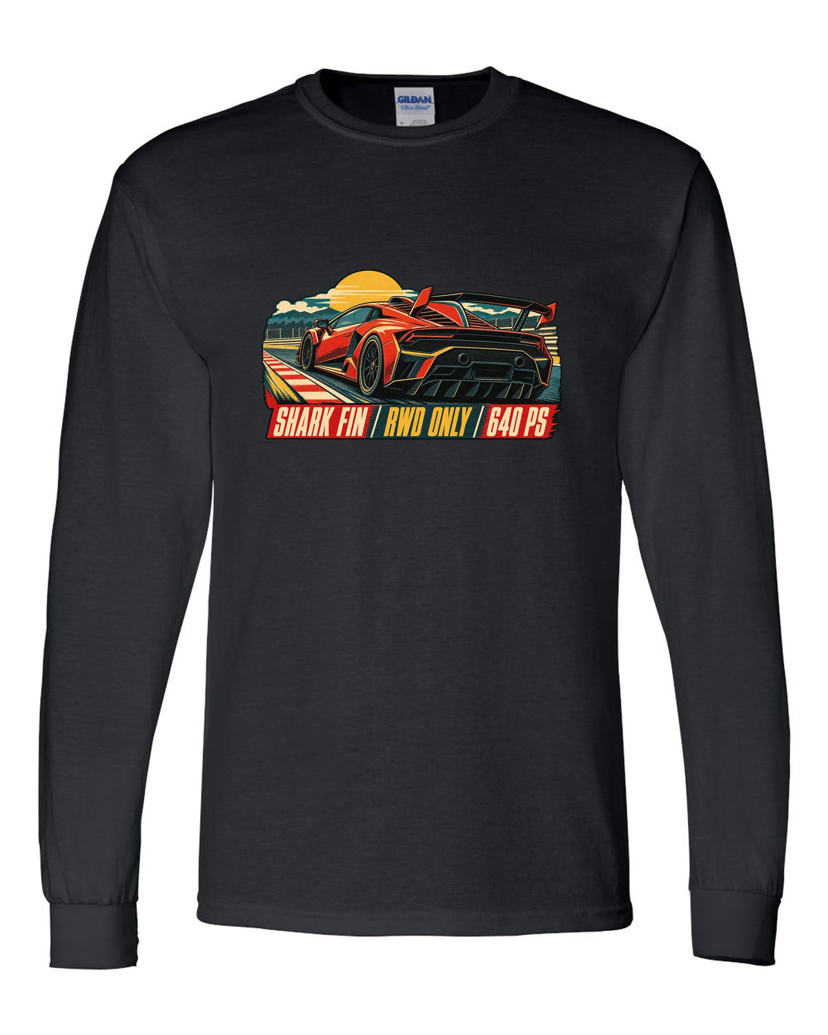 Vintage 1960s lithograph race poster of a Lamborghini Huracan STO LP640-2 with shark fin text black long sleeve front view with the design