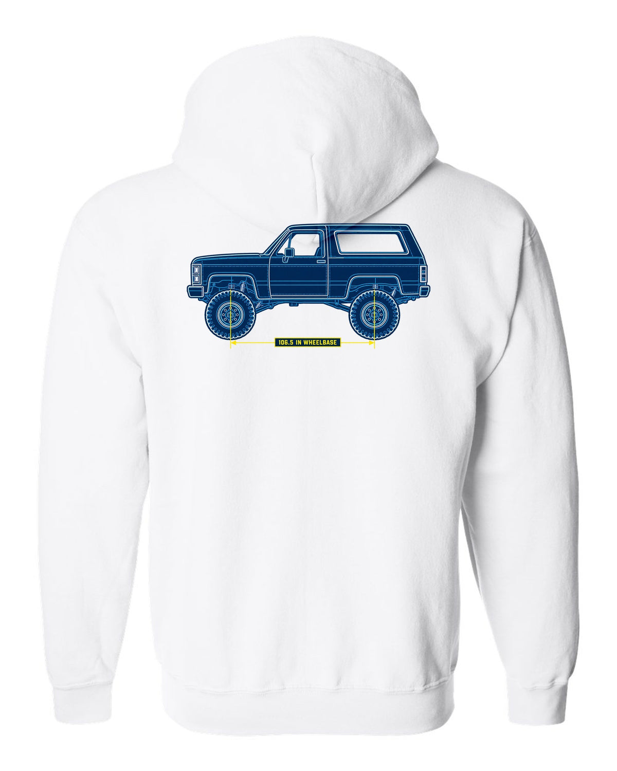 Chevrolet K5 Blazer Blueprint Side View white zip hoodie back view with the design