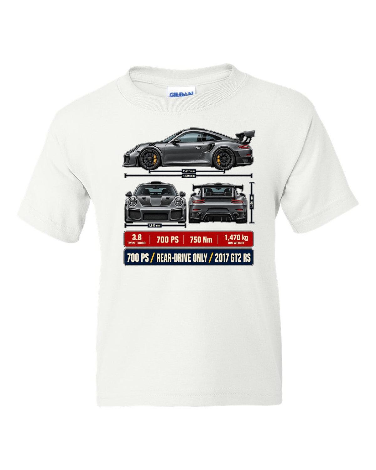 Porsche 911 GT2 RS 991.2 three-view dossier print design white kids tee front view with the design