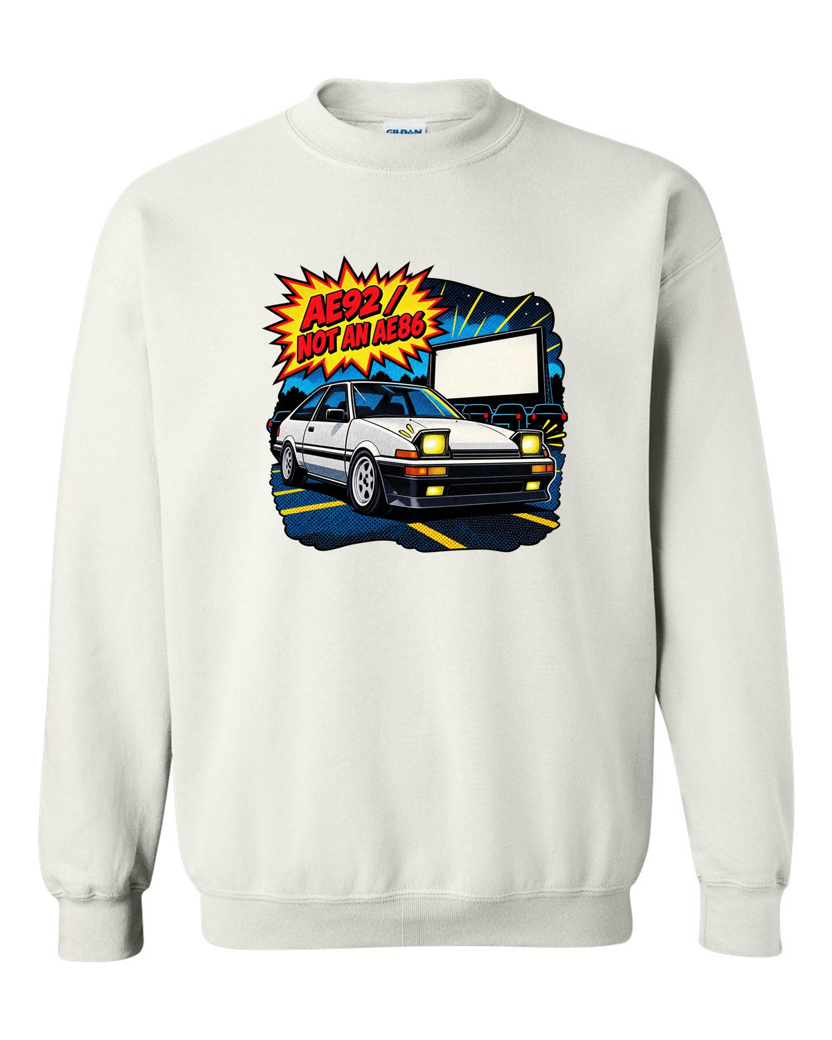 Comic halftone pop-art of a Toyota Corolla AE92 Trueno with the text AE92 Not an AE86 white crewneck front view with the design